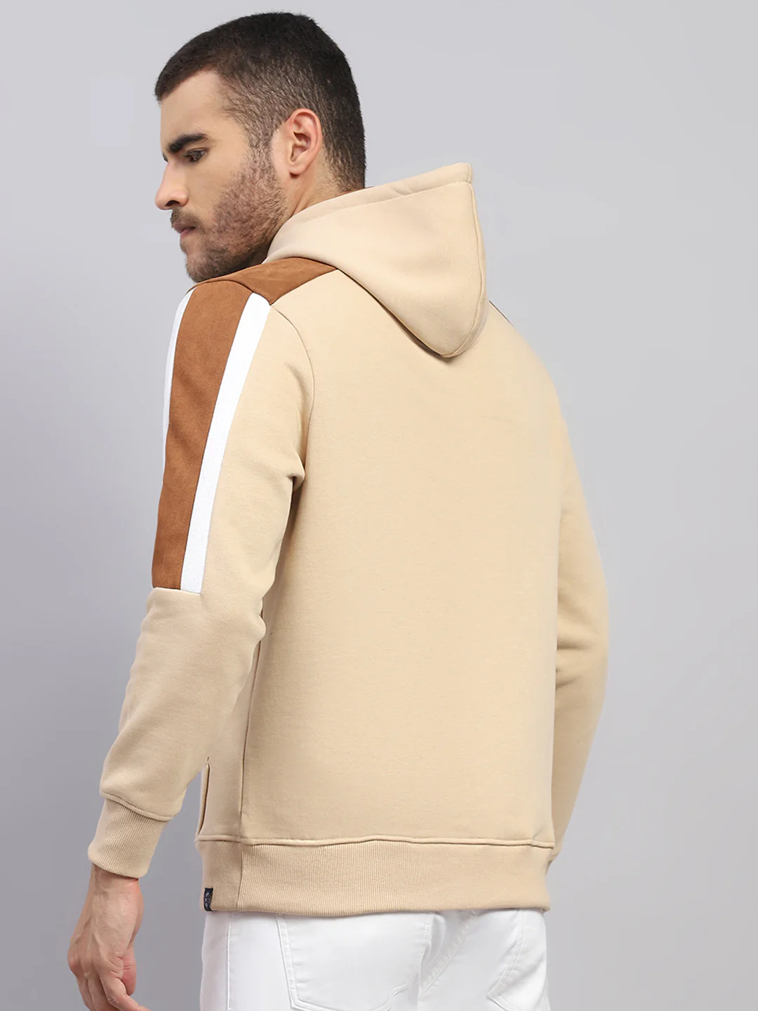 Men Beige Solid Hooded Full Sleeve Sweatshirt - Image 5