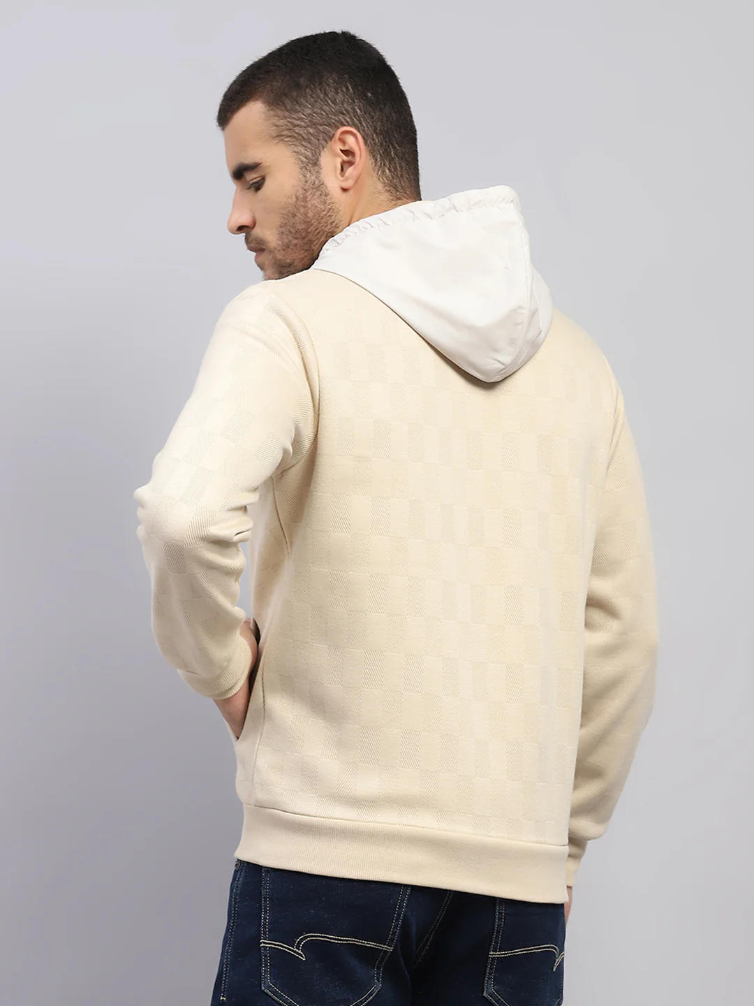 Men Beige Solid Hooded Full Sleeve Sweatshirt - Image 5
