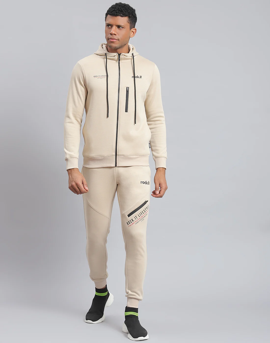 Rock.it Men Beige Solid Hooded Full Sleeve Tracksuit - Image 2