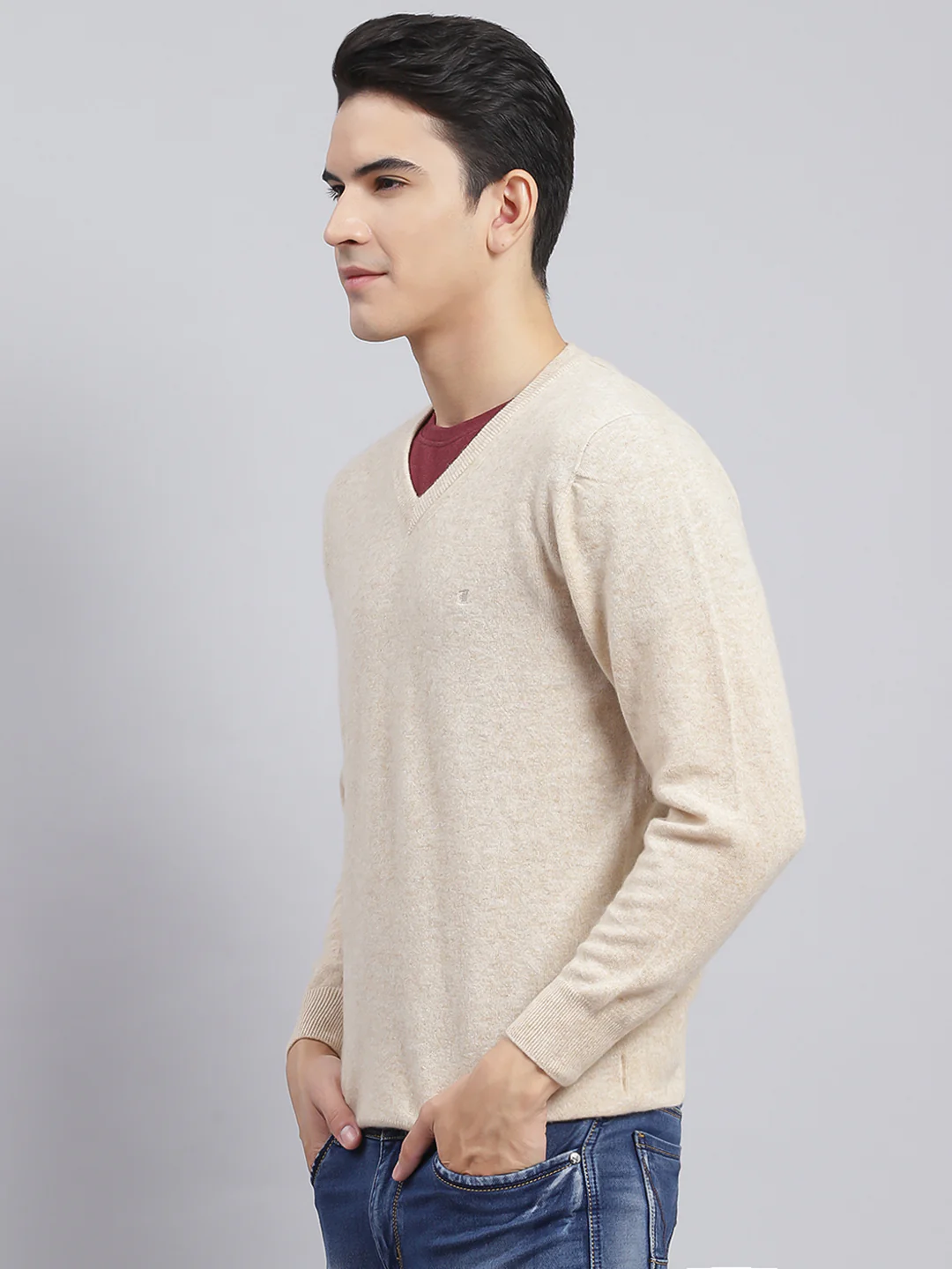 Men Beige Solid Lamb wool Pullover - Image 4