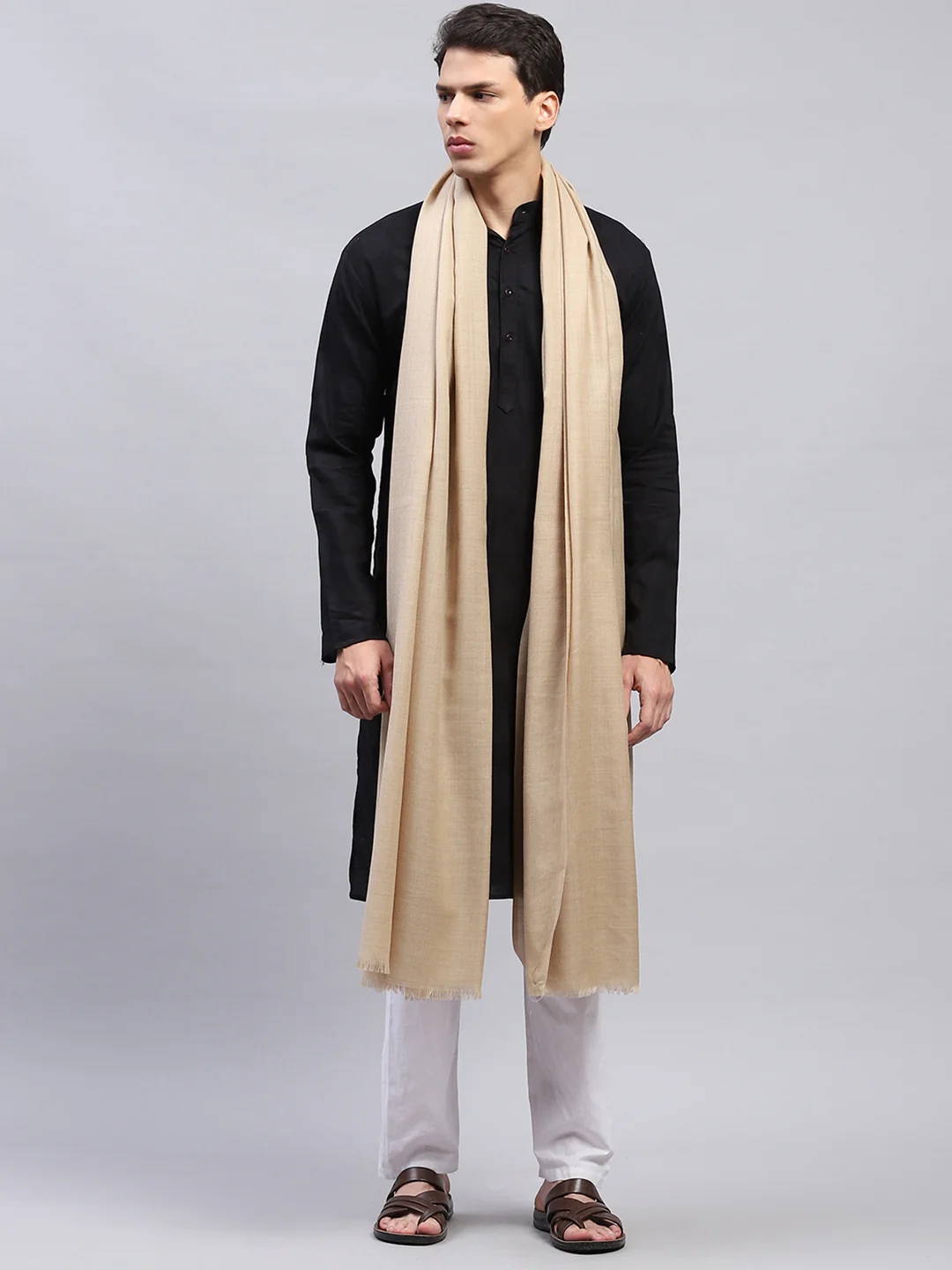 Men Beige Solid Lohi Shawl - Image 6