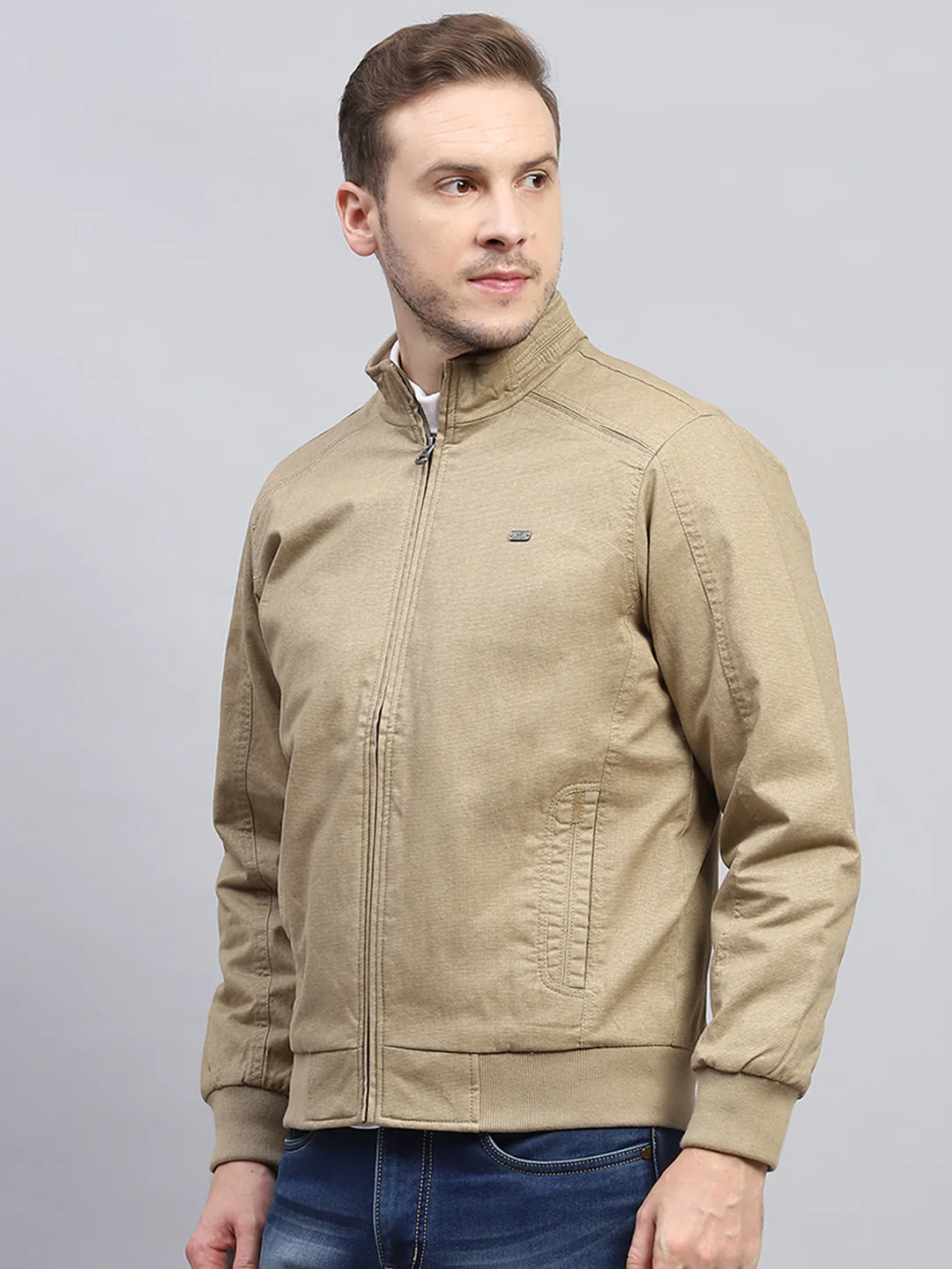 Men Beige Solid Mock Neck Full Sleeve Jacket - Image 3