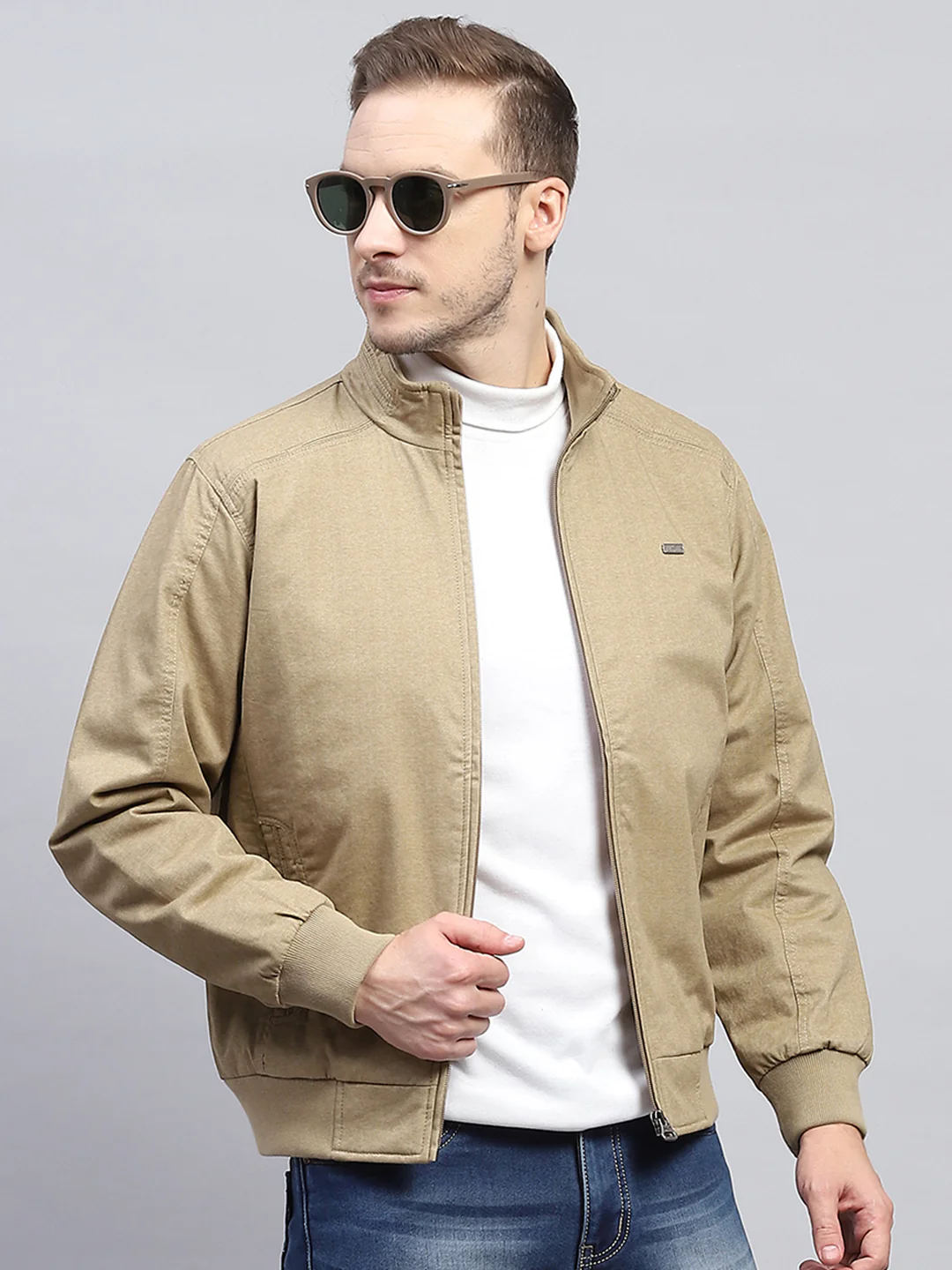 Men Beige Solid Mock Neck Full Sleeve Jacket - Image 6