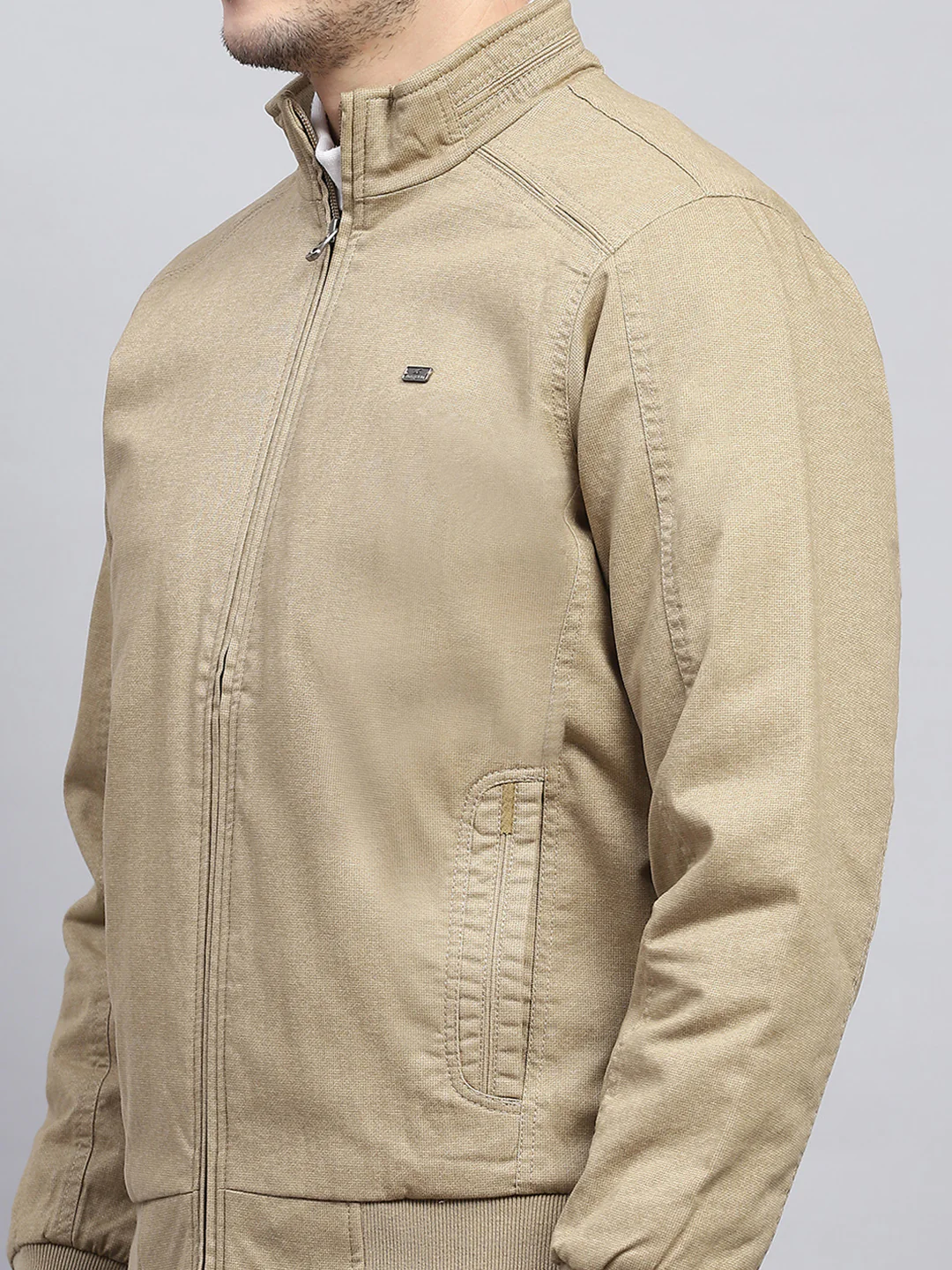 Men Beige Solid Mock Neck Full Sleeve Jacket - Image 7