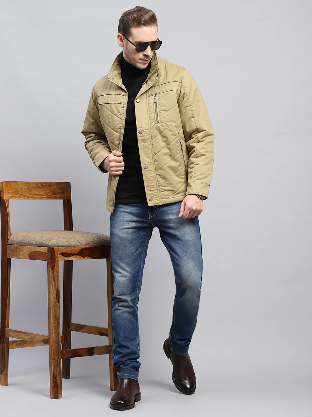 Men Beige Solid Mock Neck Full Sleeve Jacket - Image 2