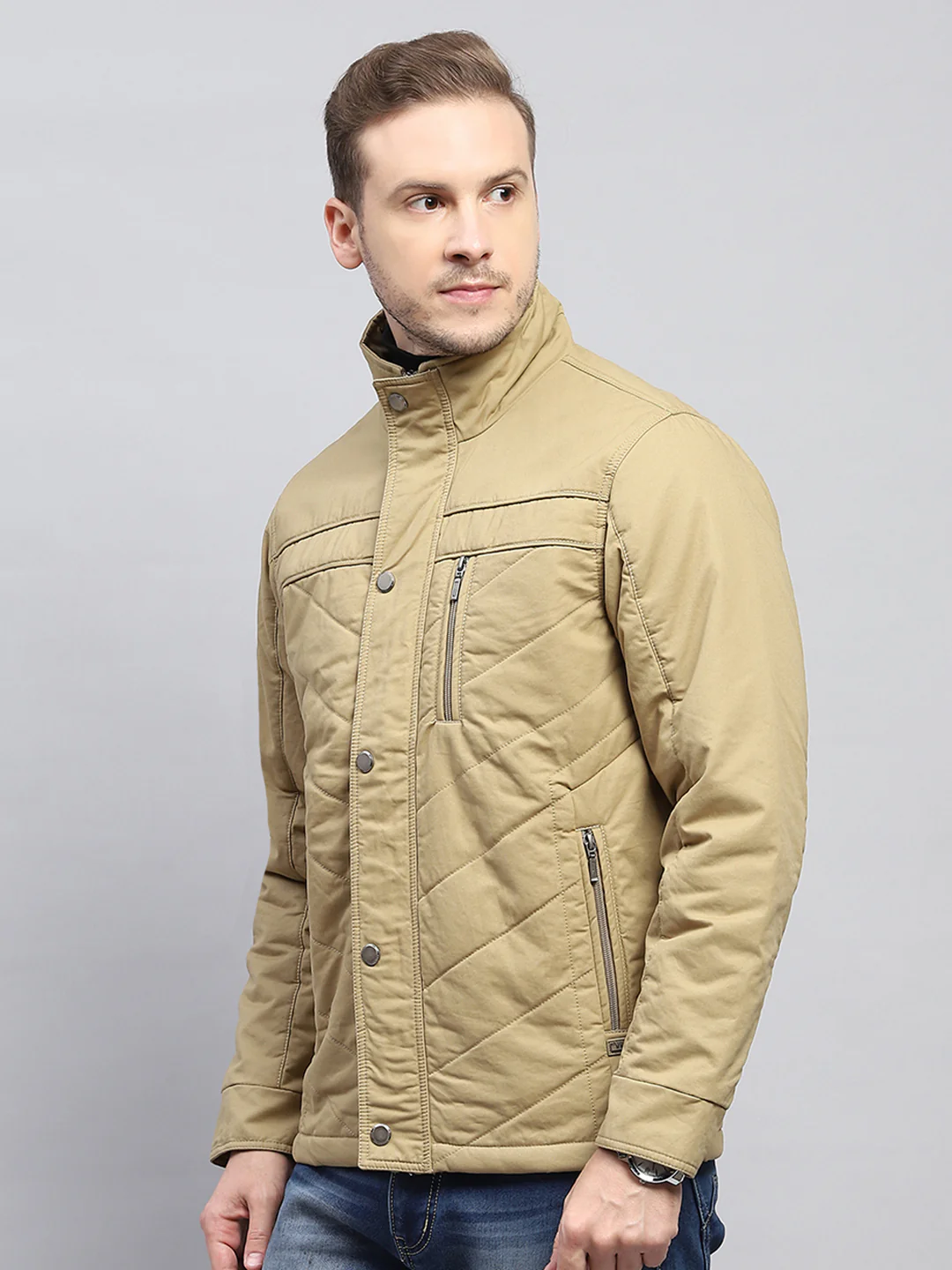 Men Beige Solid Mock Neck Full Sleeve Jacket - Image 3
