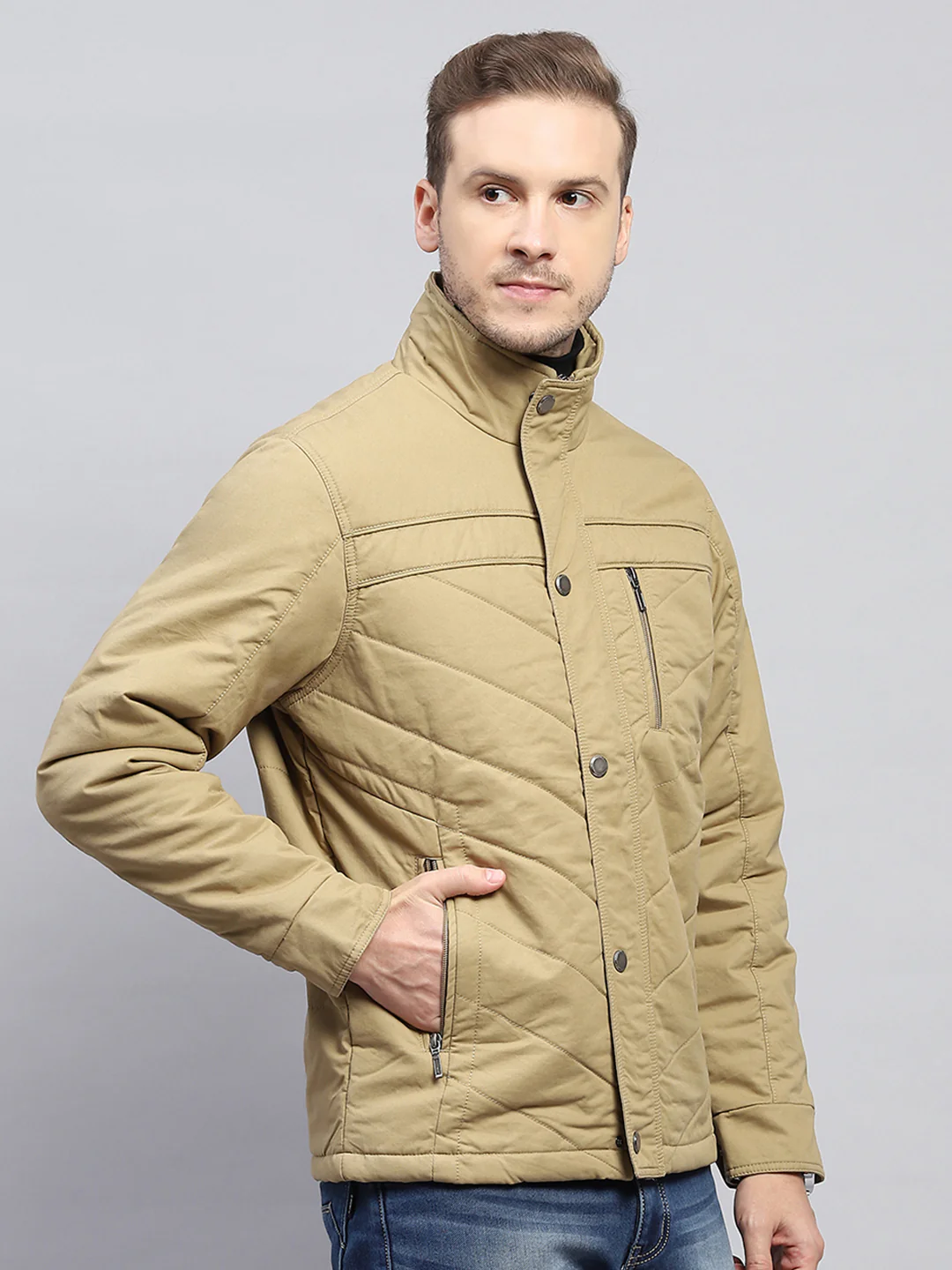 Men Beige Solid Mock Neck Full Sleeve Jacket - Image 4