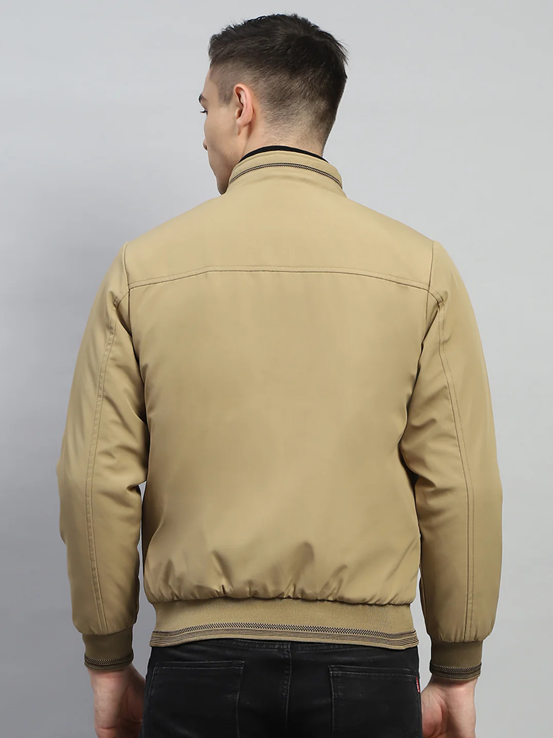 Men Beige Solid Mock Neck Full Sleeve Jacket - Image 5