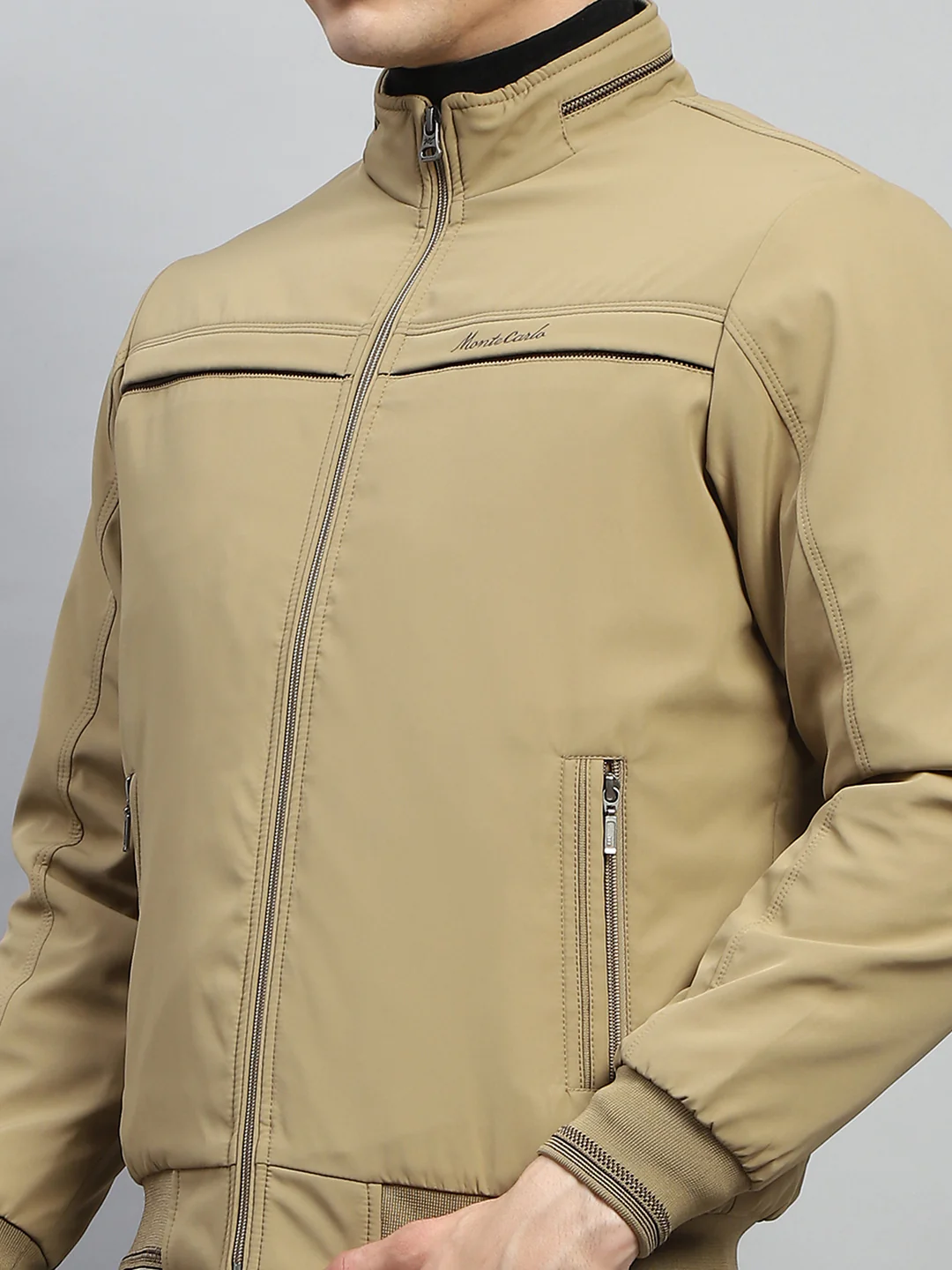 Men Beige Solid Mock Neck Full Sleeve Jacket - Image 6