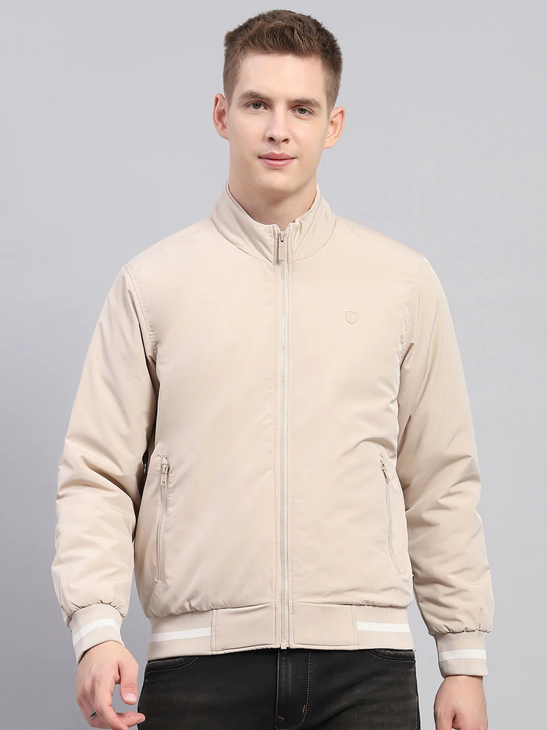 Men Beige Solid Mock Neck Full Sleeve Jacket - Image 2