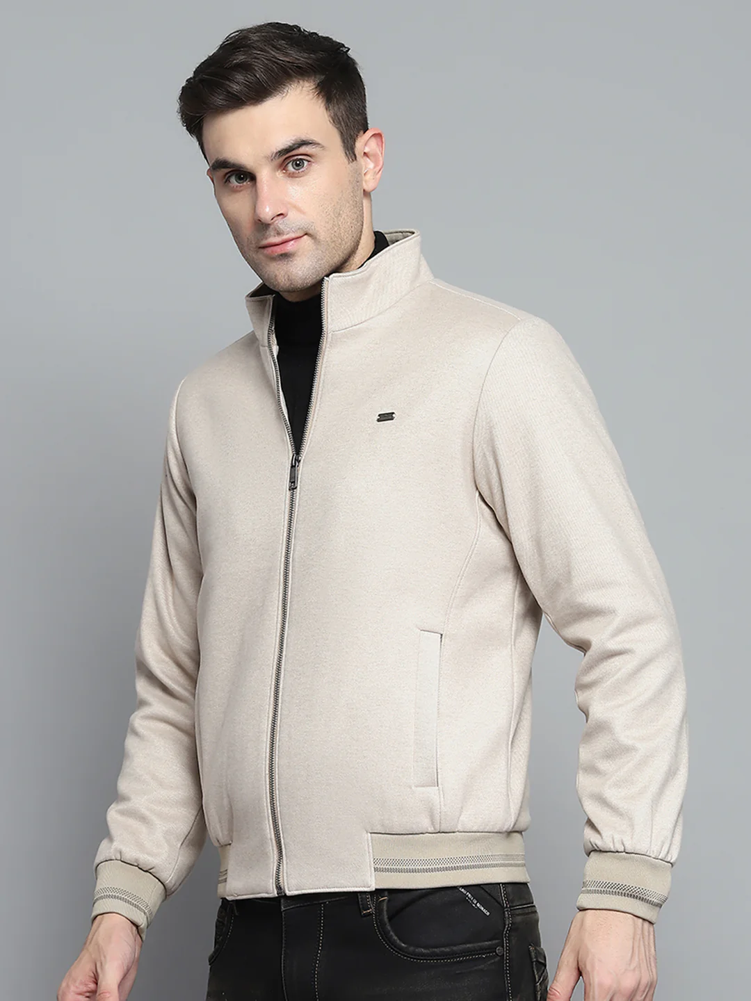 Men Beige Solid Mock Neck Full Sleeve Jacket - Image 3