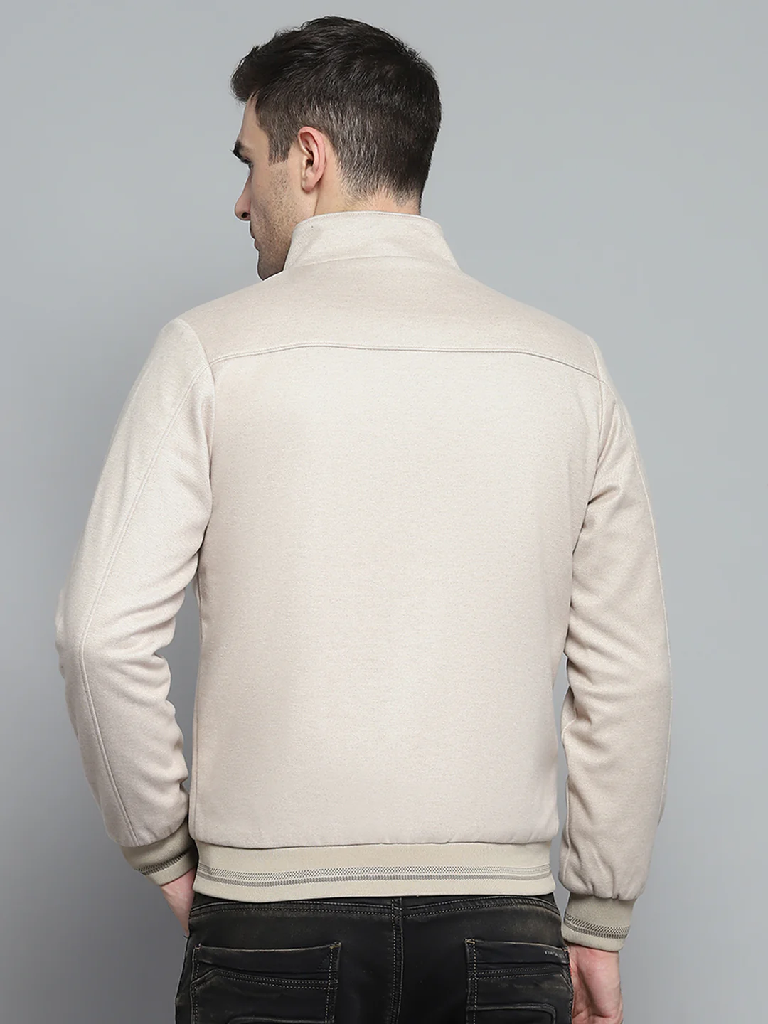Men Beige Solid Mock Neck Full Sleeve Jacket - Image 5