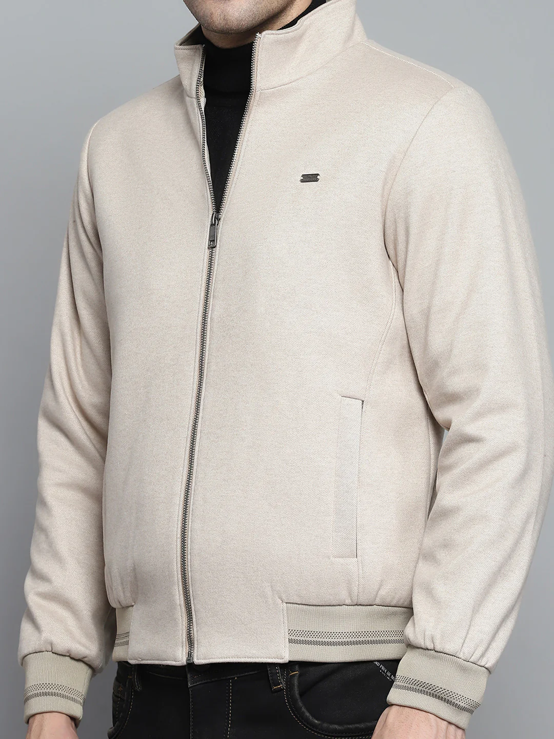 Men Beige Solid Mock Neck Full Sleeve Jacket - Image 6