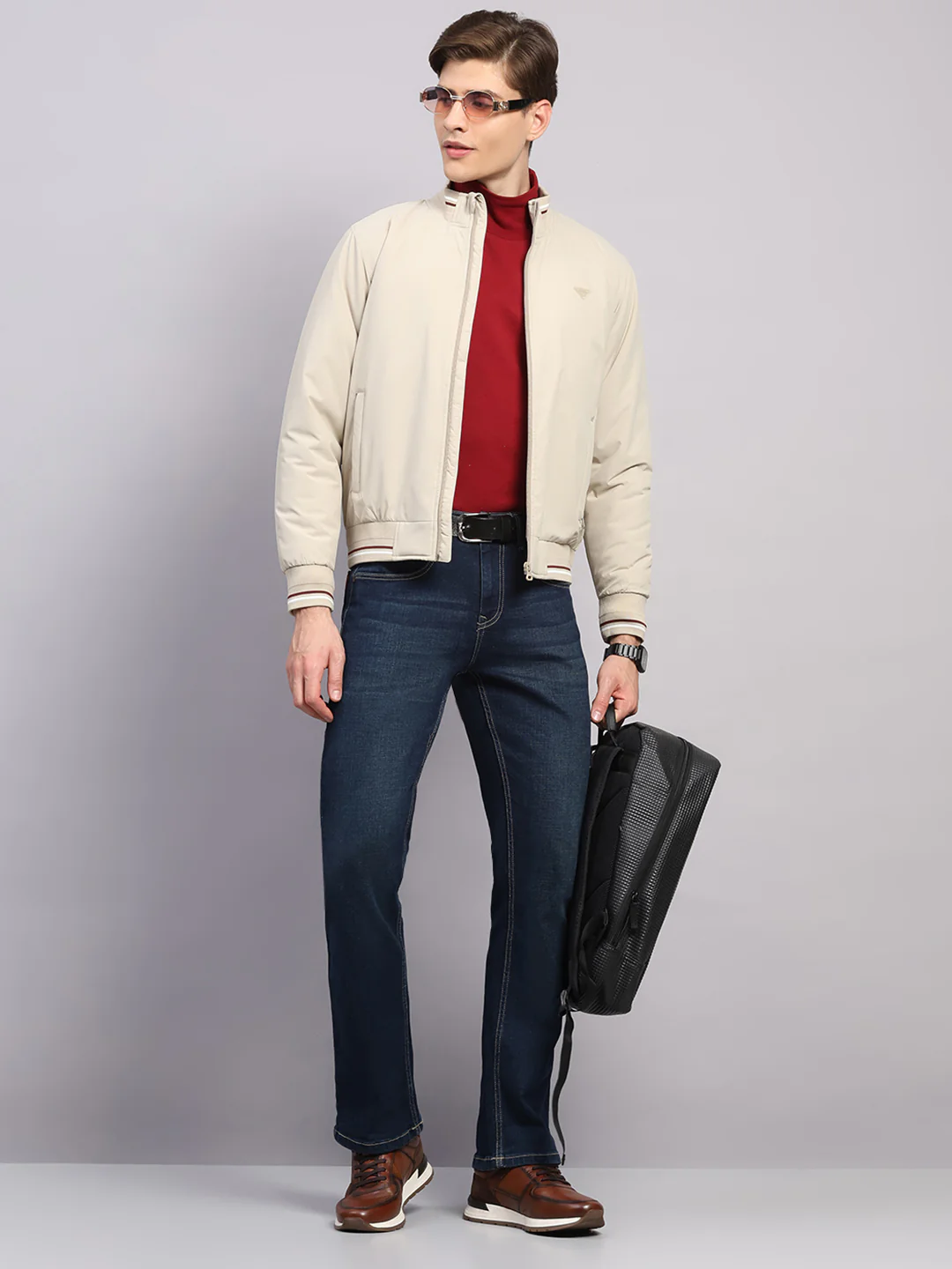 Men Beige Solid Mock Neck Full Sleeve Jacket - Image 2