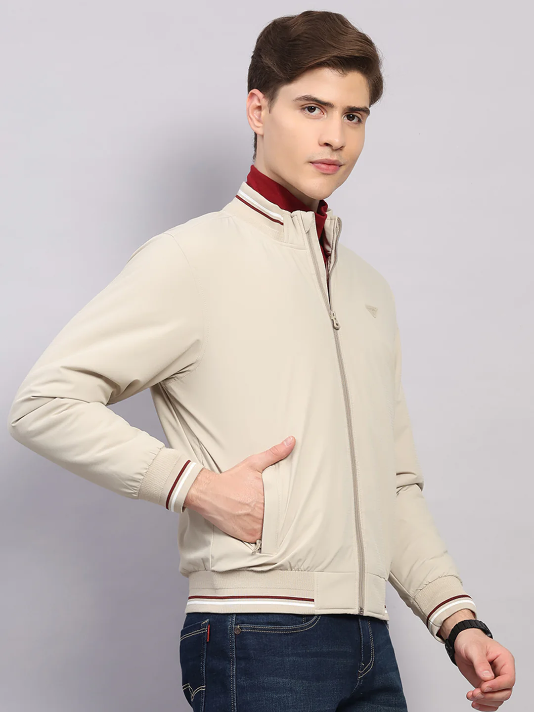 Men Beige Solid Mock Neck Full Sleeve Jacket - Image 4