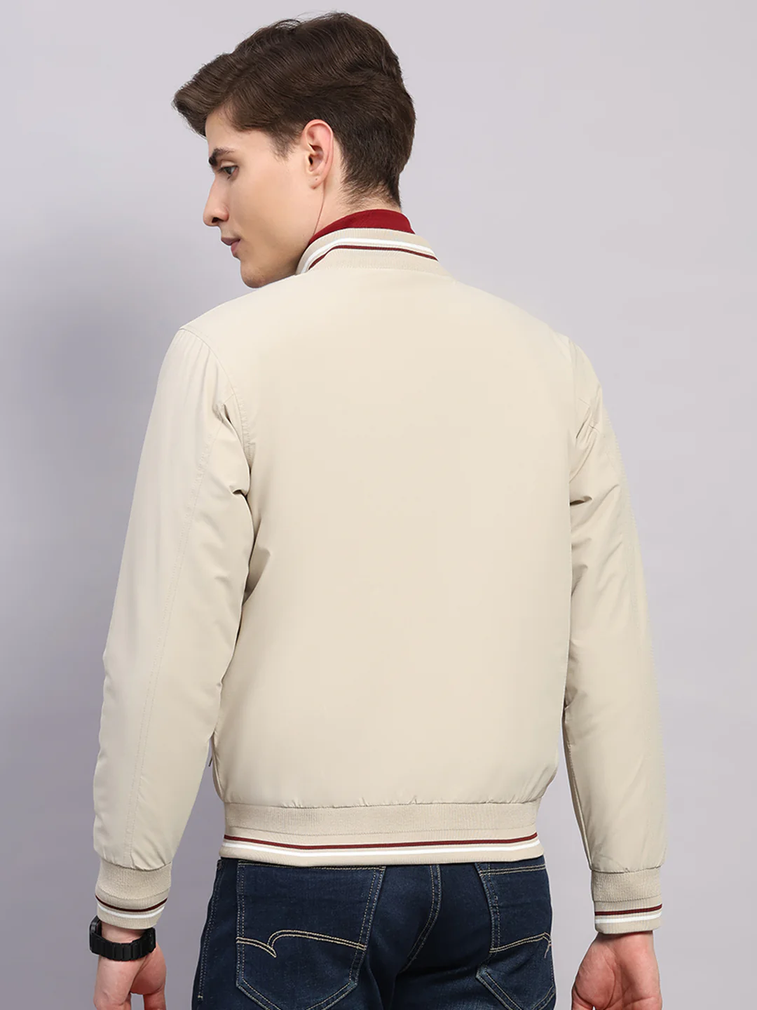 Men Beige Solid Mock Neck Full Sleeve Jacket - Image 5