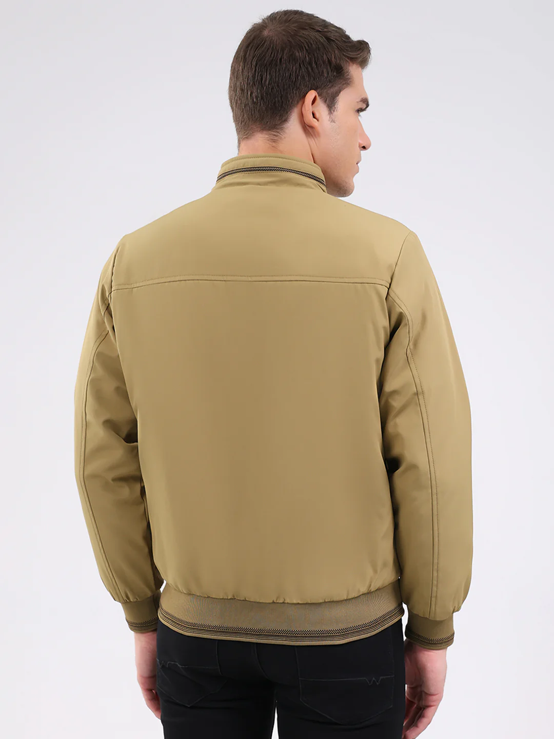 Men Beige Solid Mock Neck Full Sleeve Jacket - Image 5