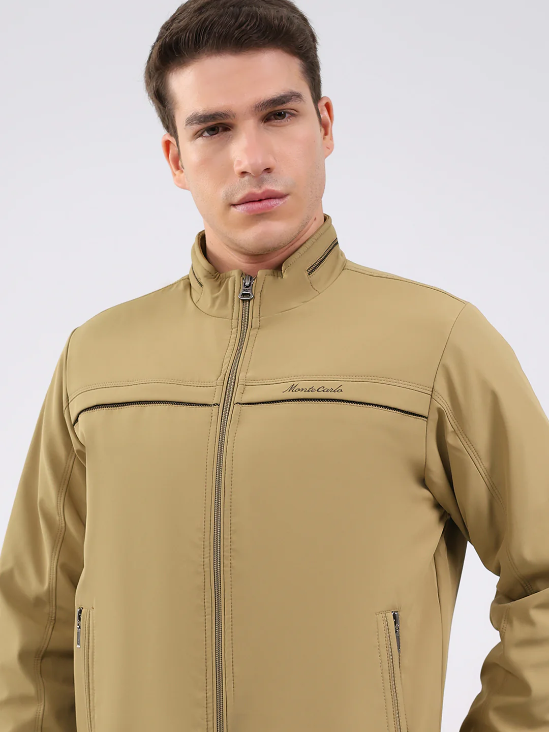 Men Beige Solid Mock Neck Full Sleeve Jacket - Image 7