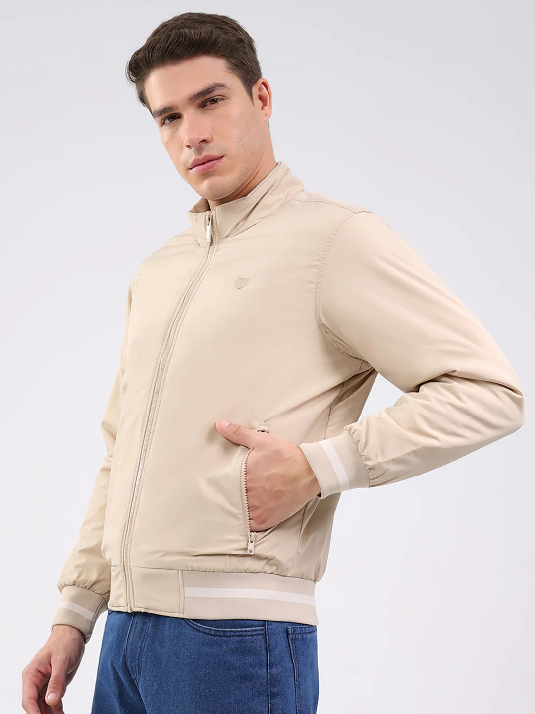 Men Beige Solid Mock Neck Full Sleeve Jacket - Image 3