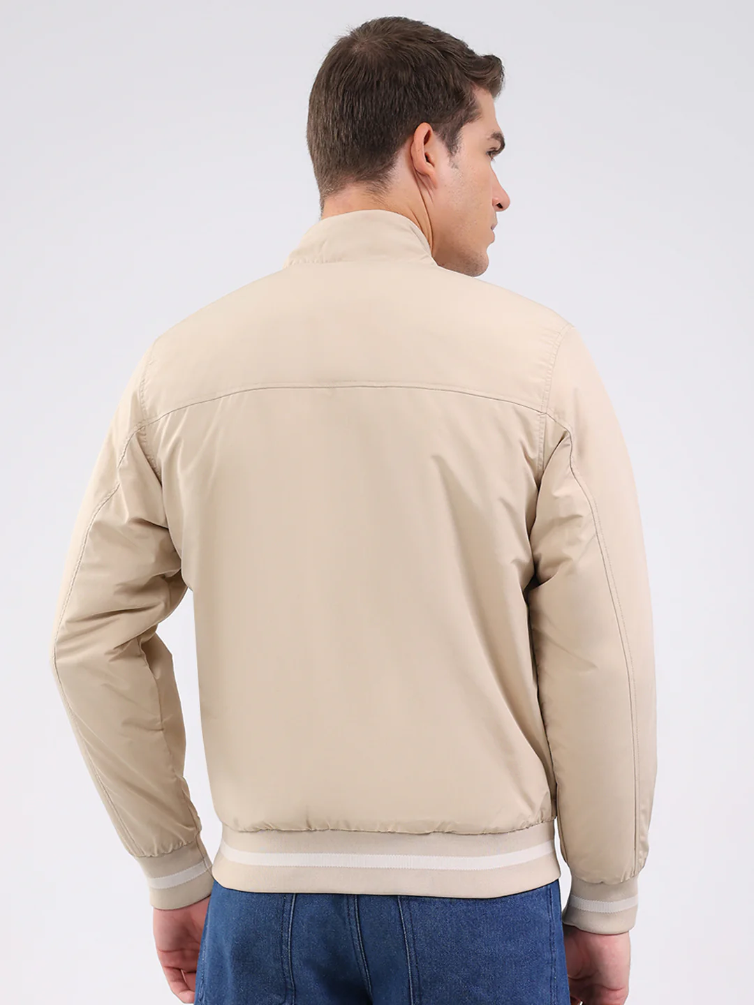 Men Beige Solid Mock Neck Full Sleeve Jacket - Image 5