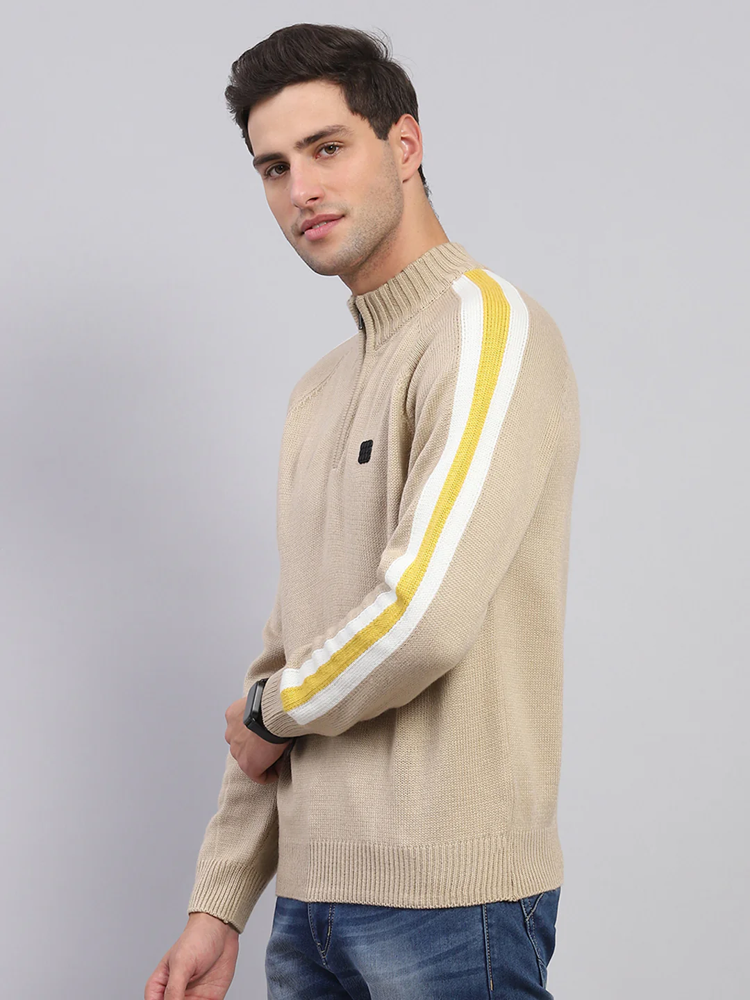 Rock.it Men Beige Solid Mock Neck Full Sleeve Pullover - Image 3