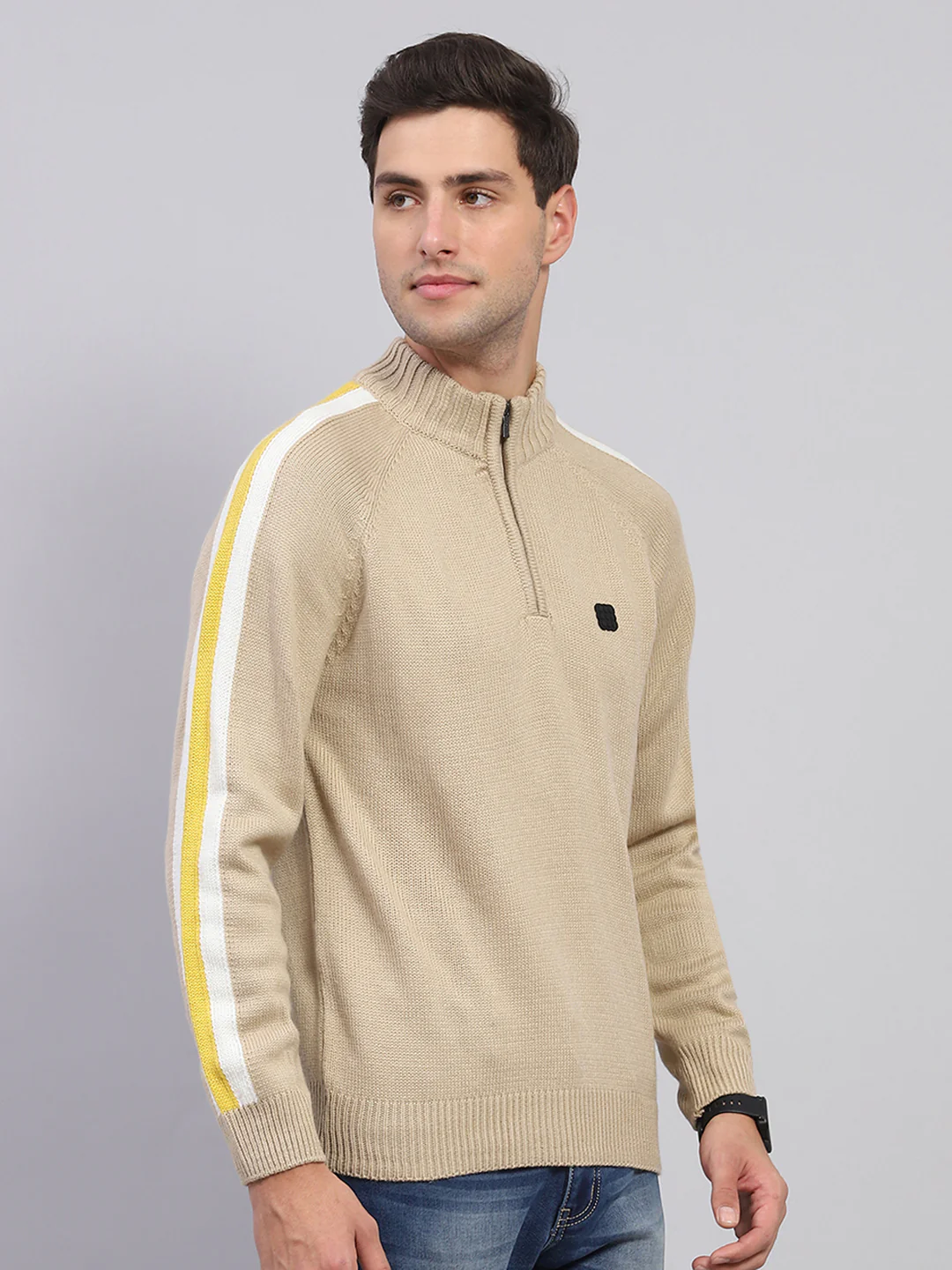Rock.it Men Beige Solid Mock Neck Full Sleeve Pullover - Image 4
