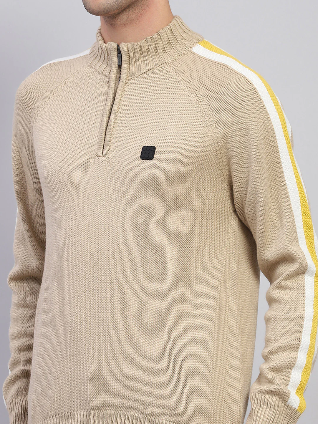 Rock.it Men Beige Solid Mock Neck Full Sleeve Pullover - Image 6