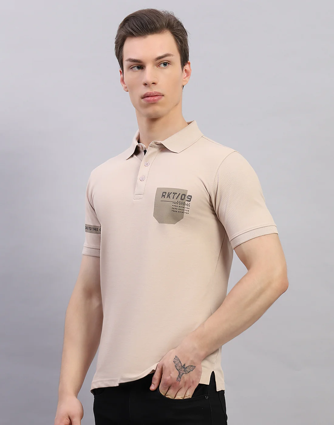 Rock.it Men Beige Solid Polo Collar Half Sleeve T-Shirt - Image 3