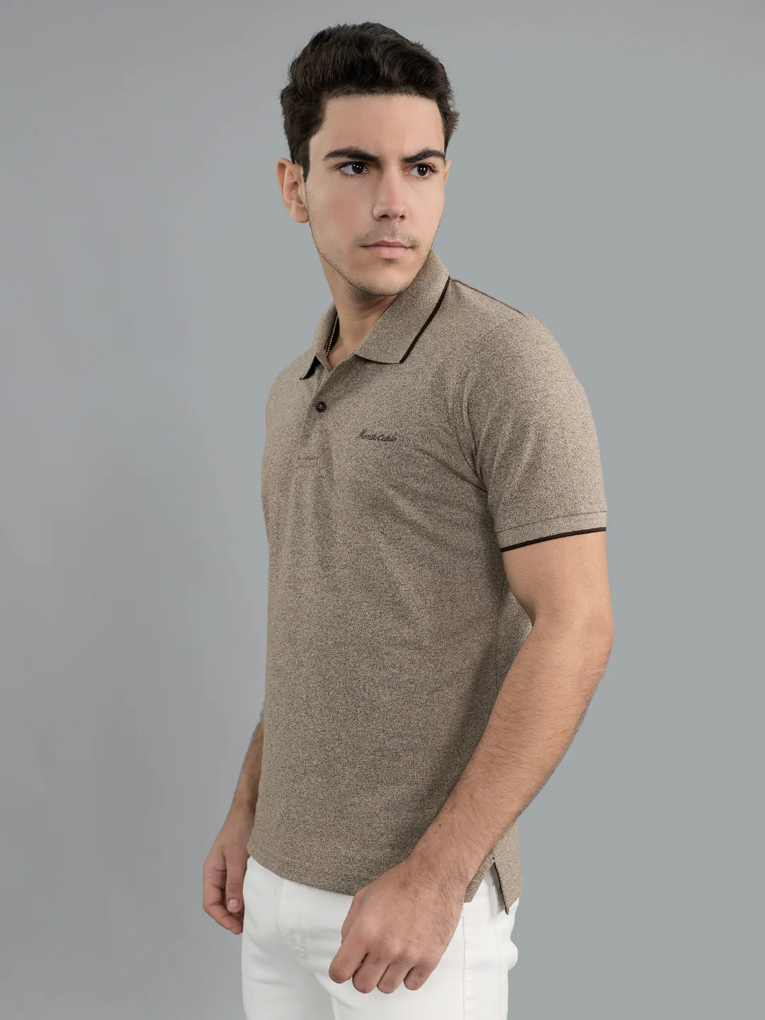Men Beige Solid Polo Collar Half Sleeve T-Shirt - Image 3