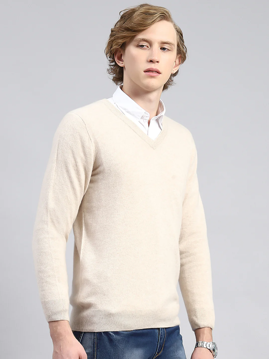 Men Beige Solid Pullover - Image 3