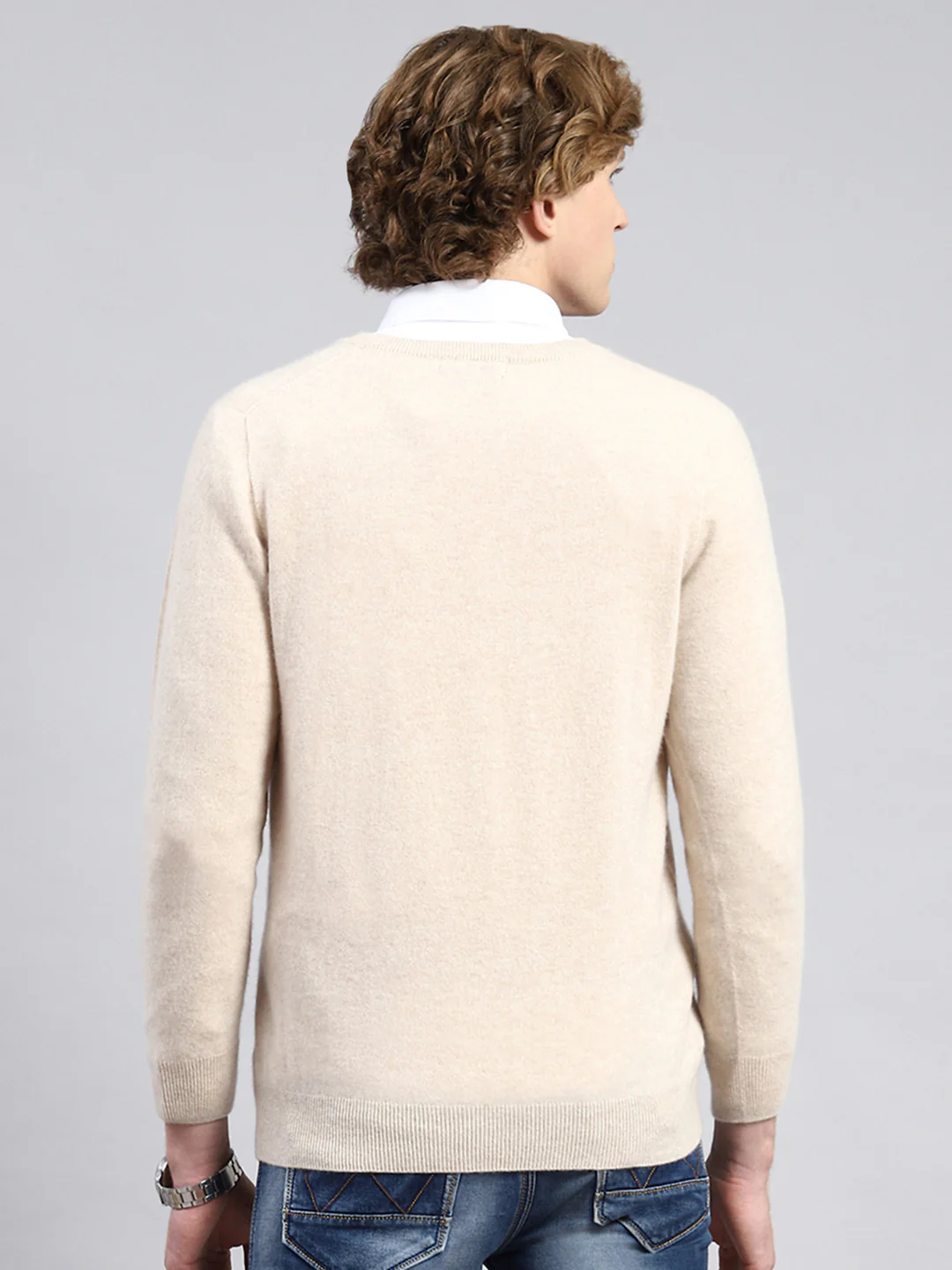Men Beige Solid Pullover - Image 5