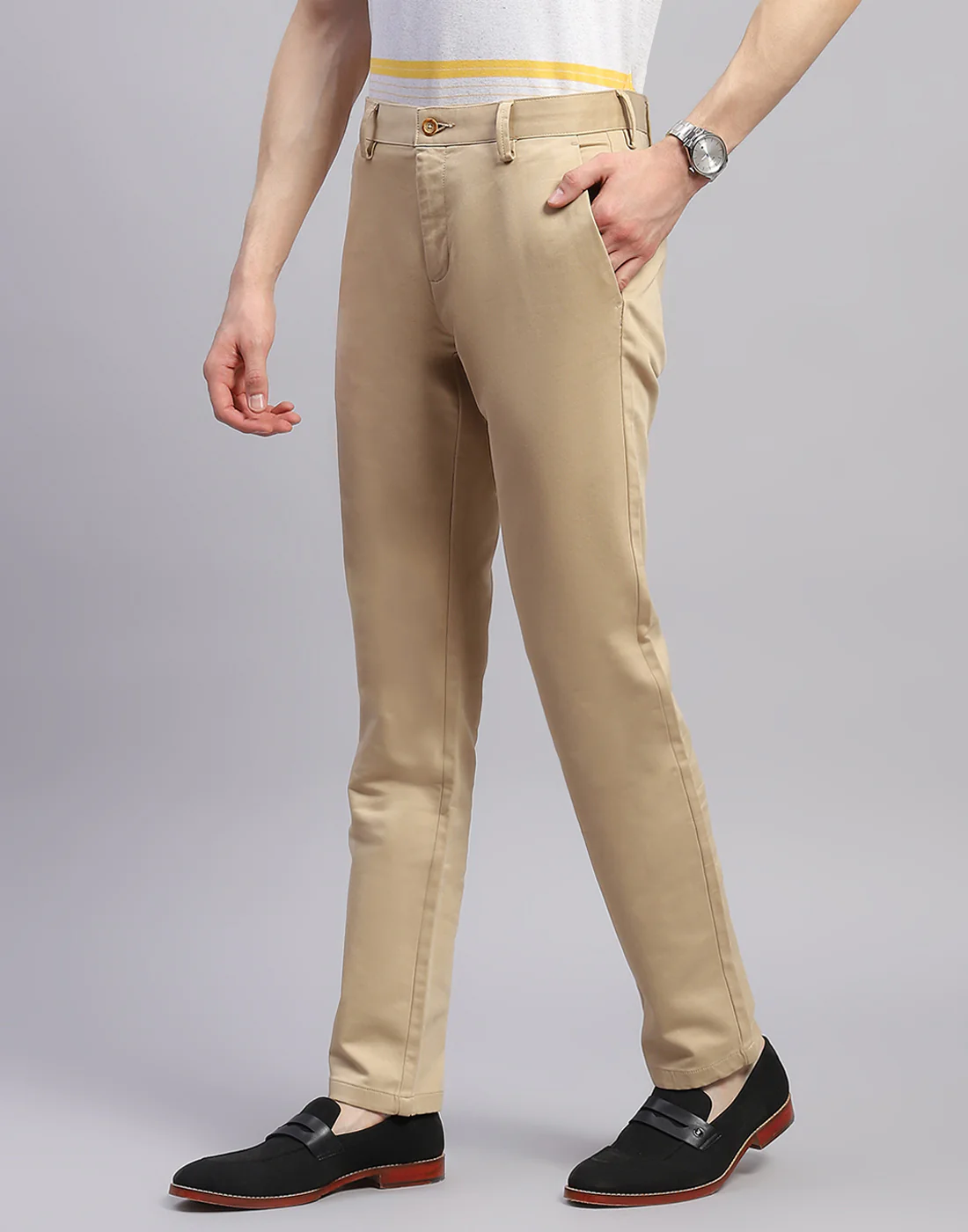 Men Beige Solid Regular Fit Trouser - Image 3