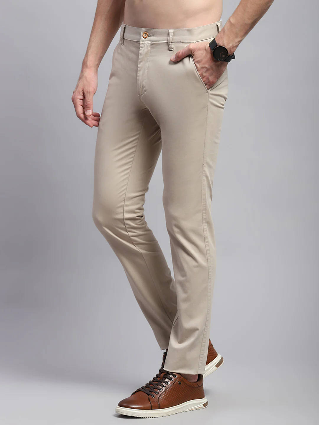 Men Beige Solid Regular Fit Trouser - Image 3