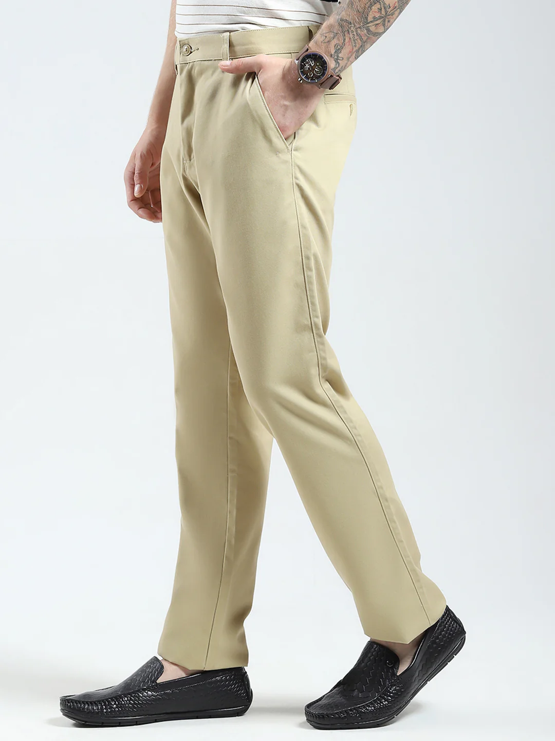 Men Beige Solid Regular Fit Trouser - Image 3