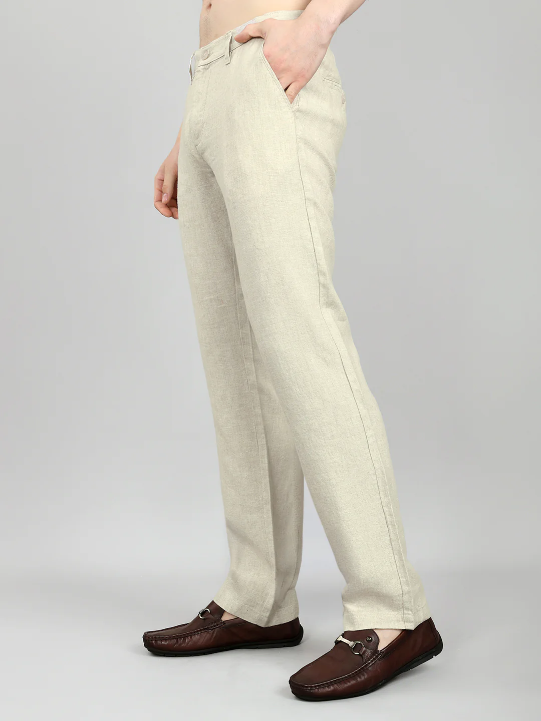 Men Beige Solid Regular Fit Trouser - Image 2