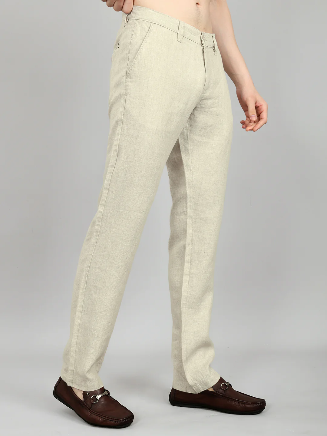 Men Beige Solid Regular Fit Trouser - Image 3