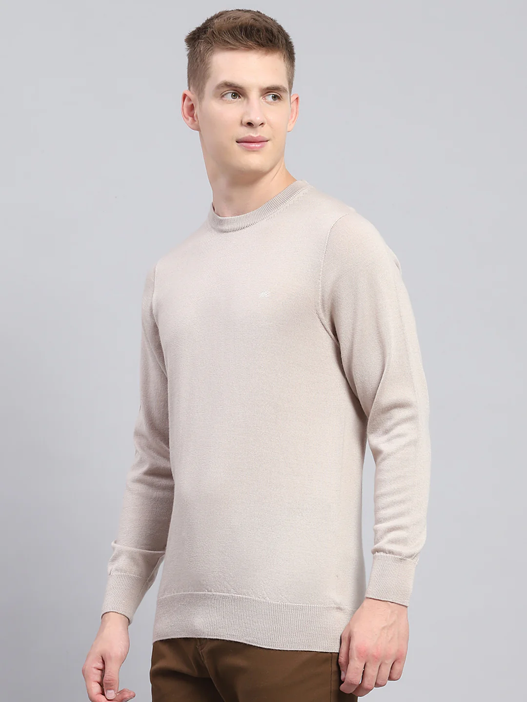 Men Beige Solid Round Neck Full Sleeve Pullover - Image 3