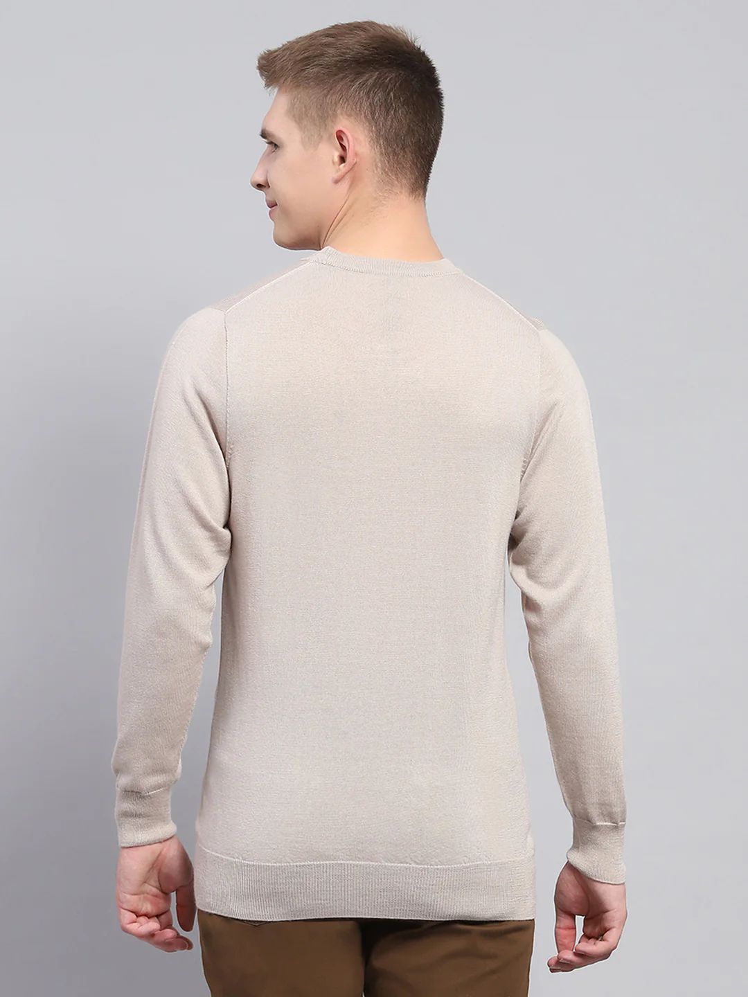 Men Beige Solid Round Neck Full Sleeve Pullover - Image 5