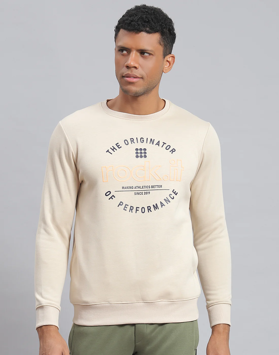 Rock.it Men Beige Solid Round Neck Full Sleeve Sweatshirt - Image 2