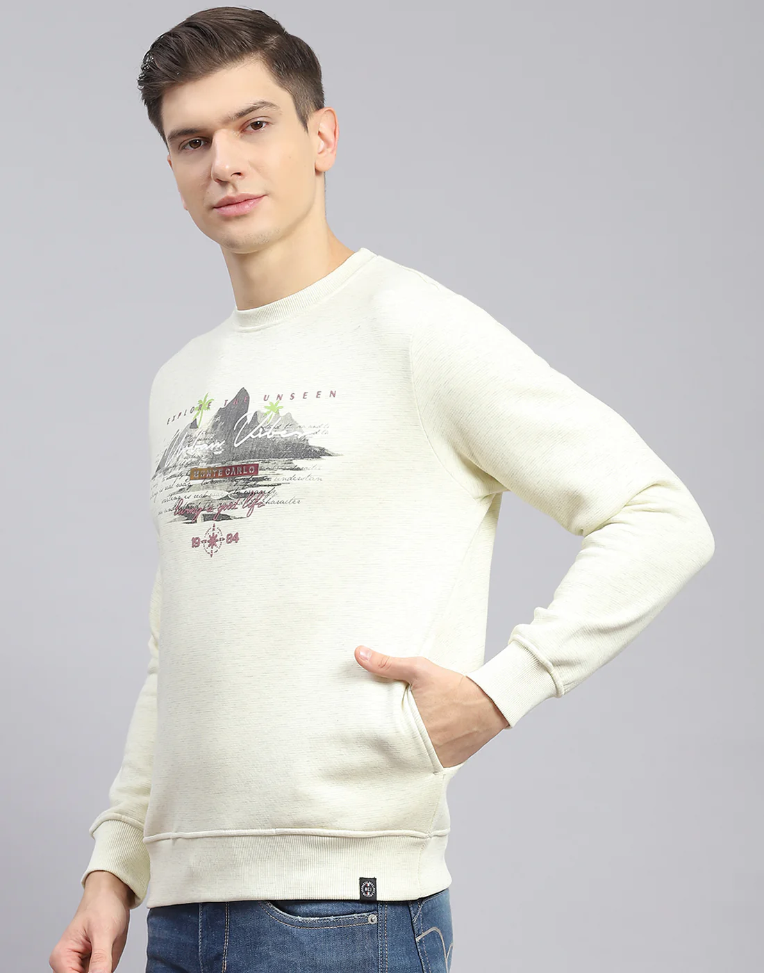 Men Beige Solid Round Neck Full Sleeve Sweatshirt - Image 4