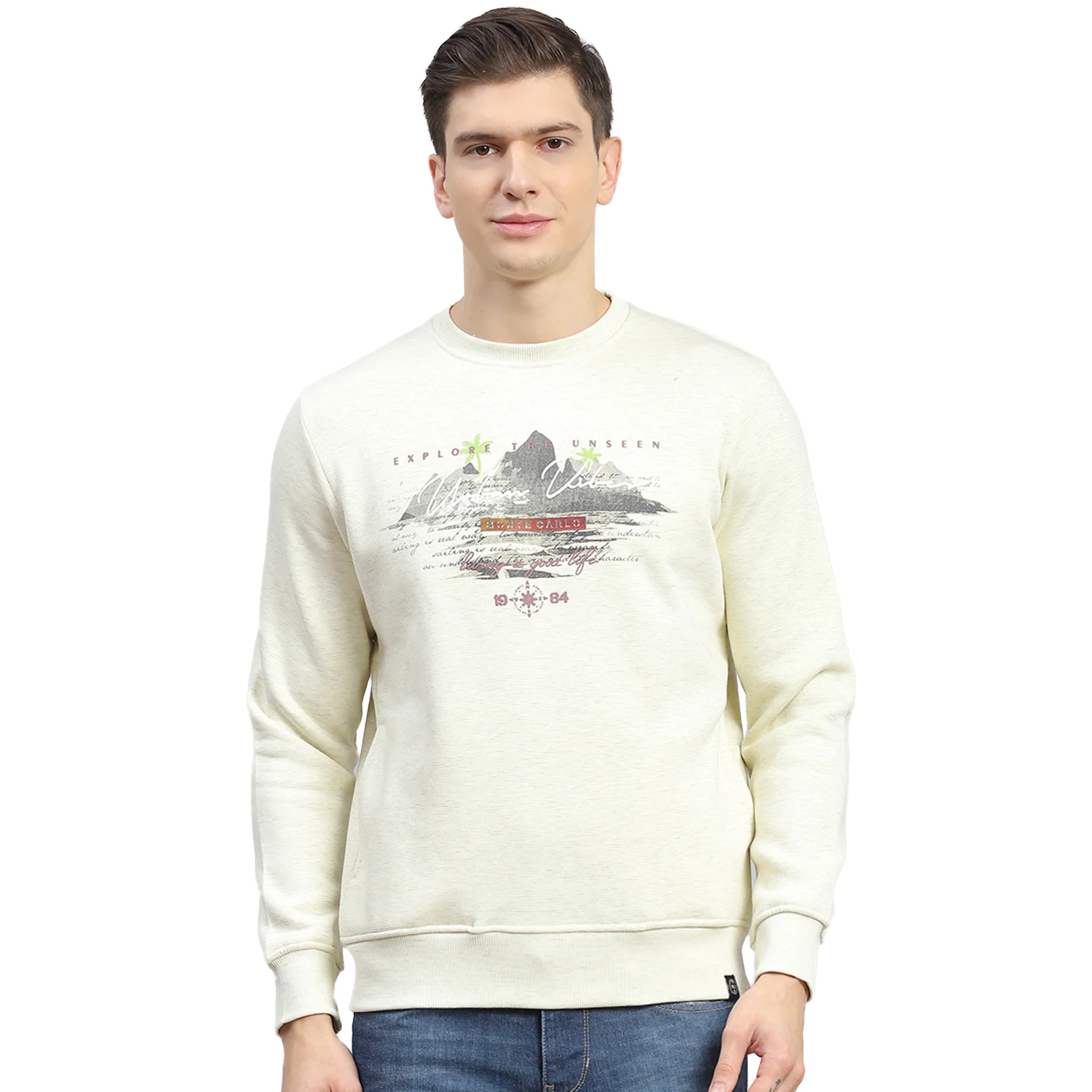 Men Beige Solid Round Neck Full Sleeve Sweatshirt - Image 5