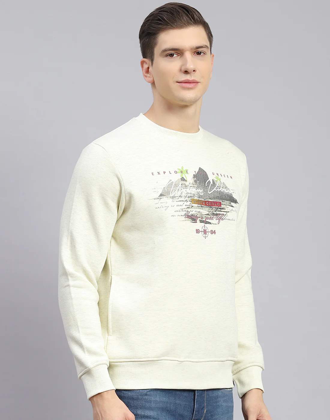 Men Beige Solid Round Neck Full Sleeve Sweatshirt - Image 6