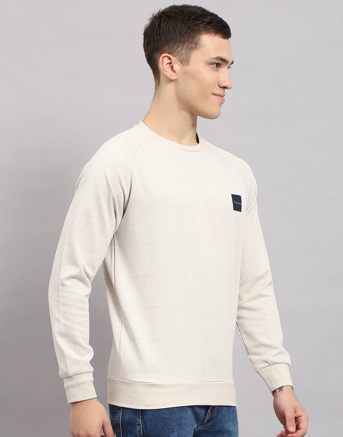 Men Beige Solid Round Neck Full Sleeve Sweatshirt - Image 4