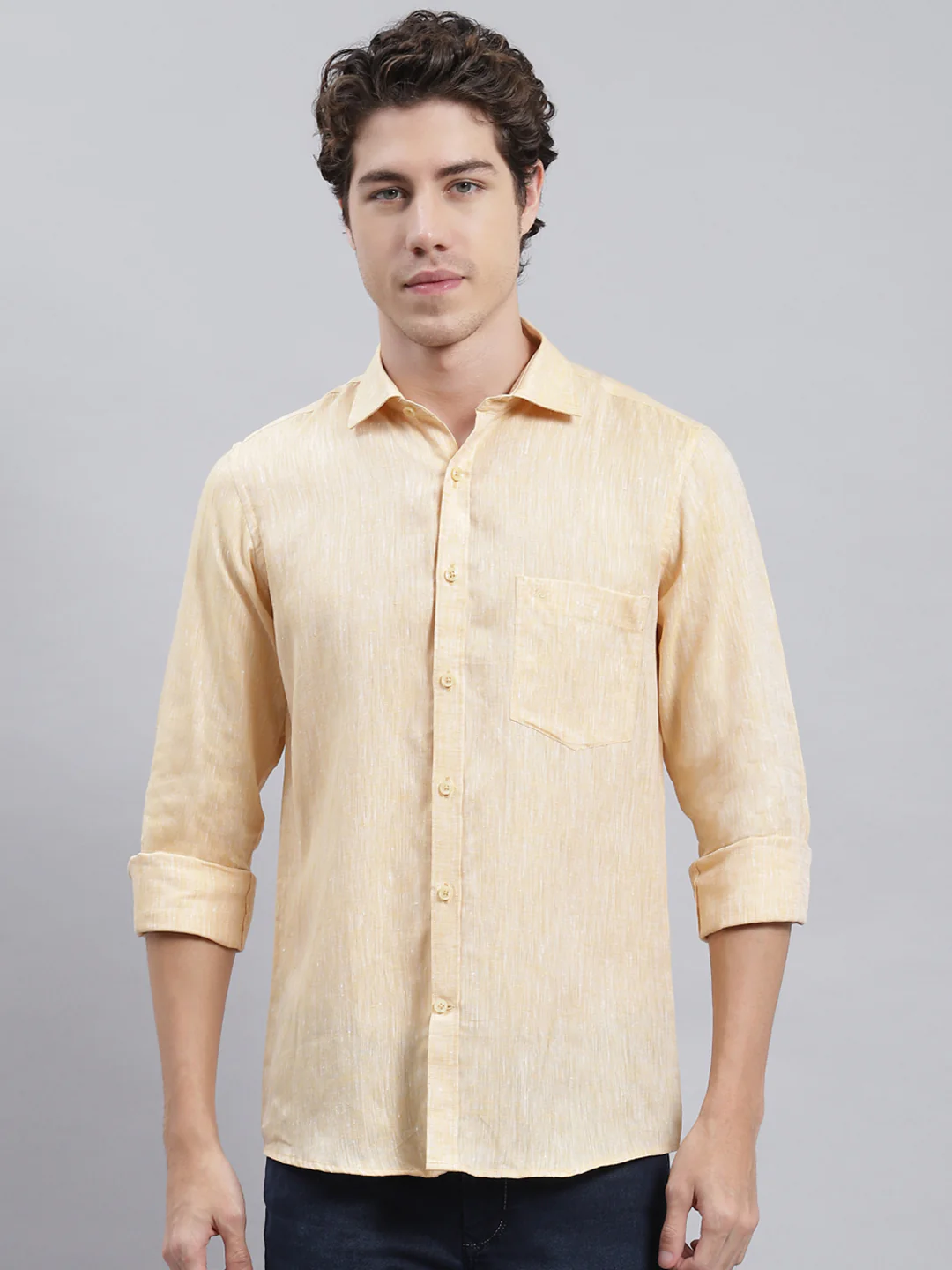 Men Beige Solid Shirt - Image 2
