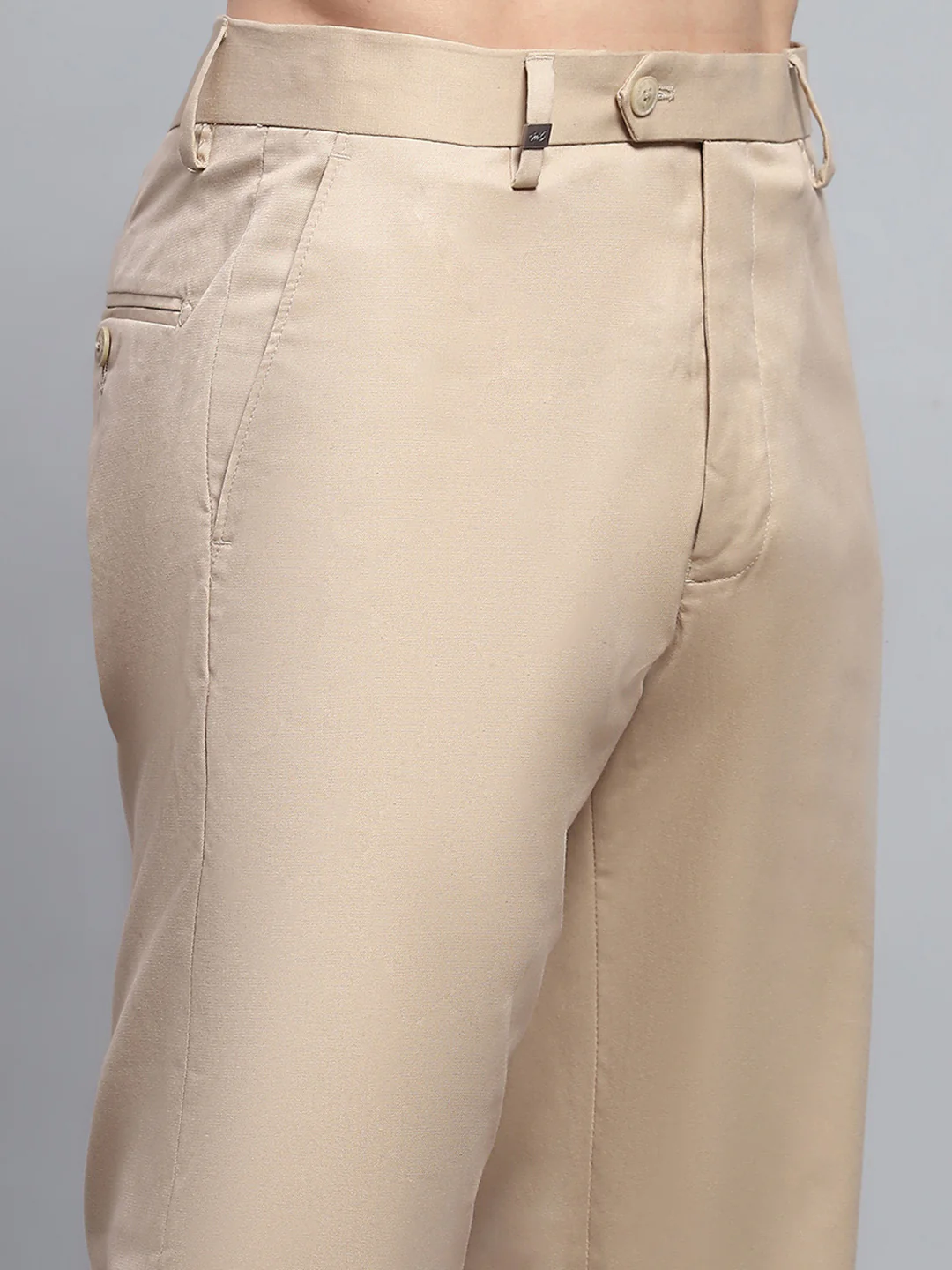 Men Beige Solid Smart Fit Trouser - Image 6