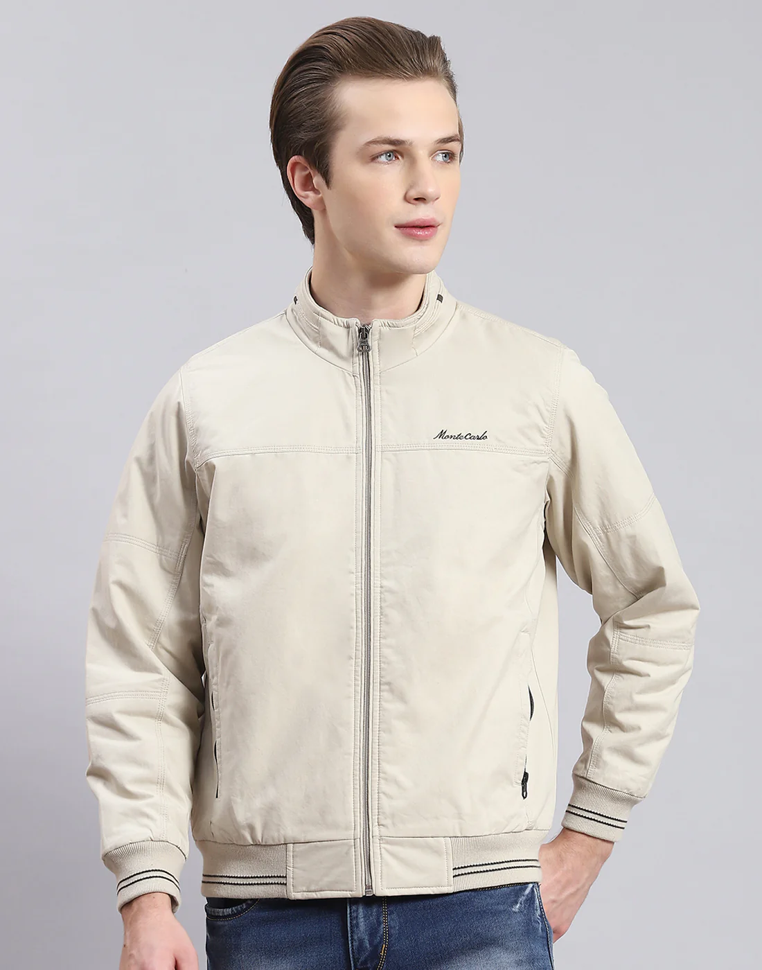 Men Beige Solid Stand Collar Full Sleeve Jacket - Image 2