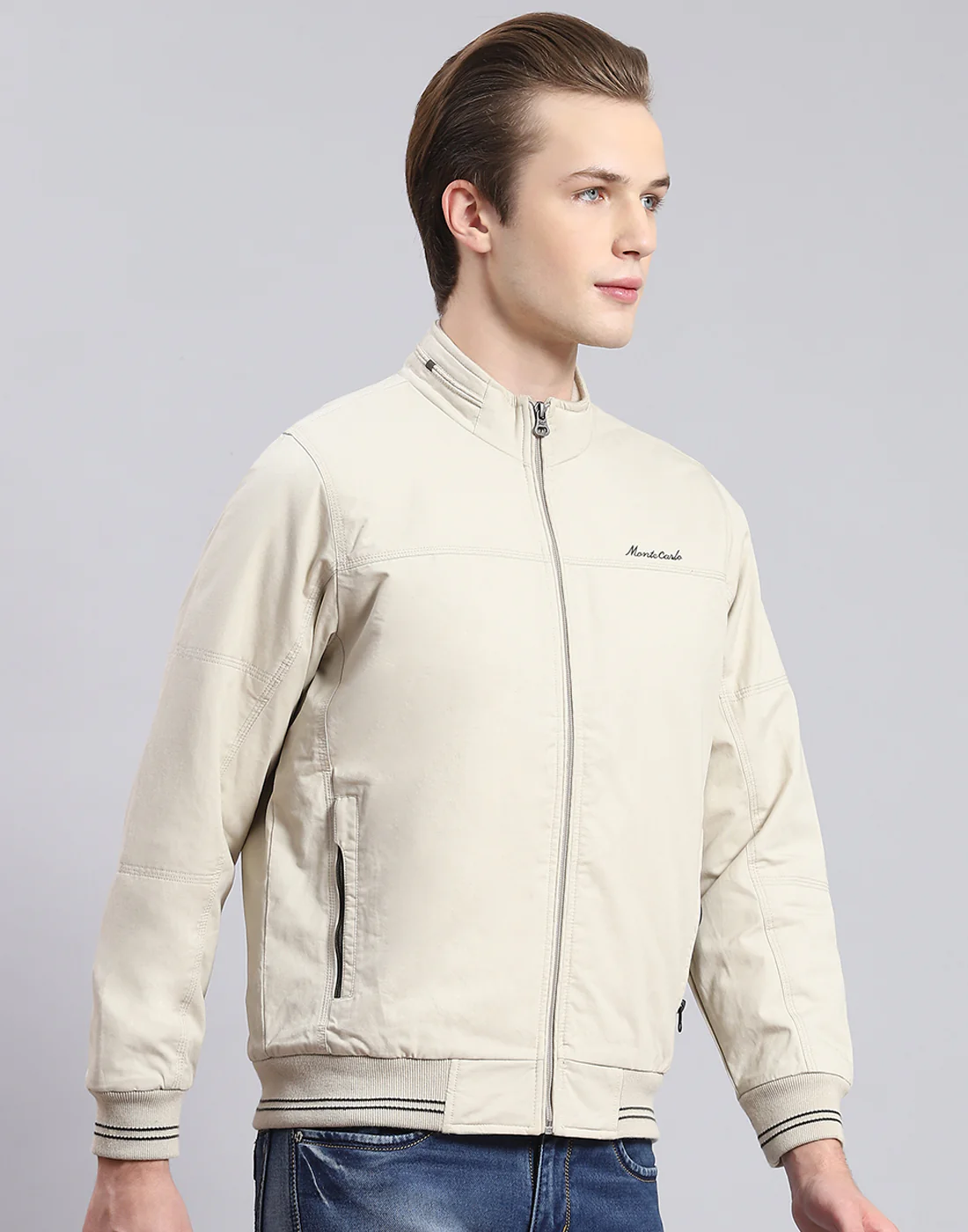 Men Beige Solid Stand Collar Full Sleeve Jacket - Image 4