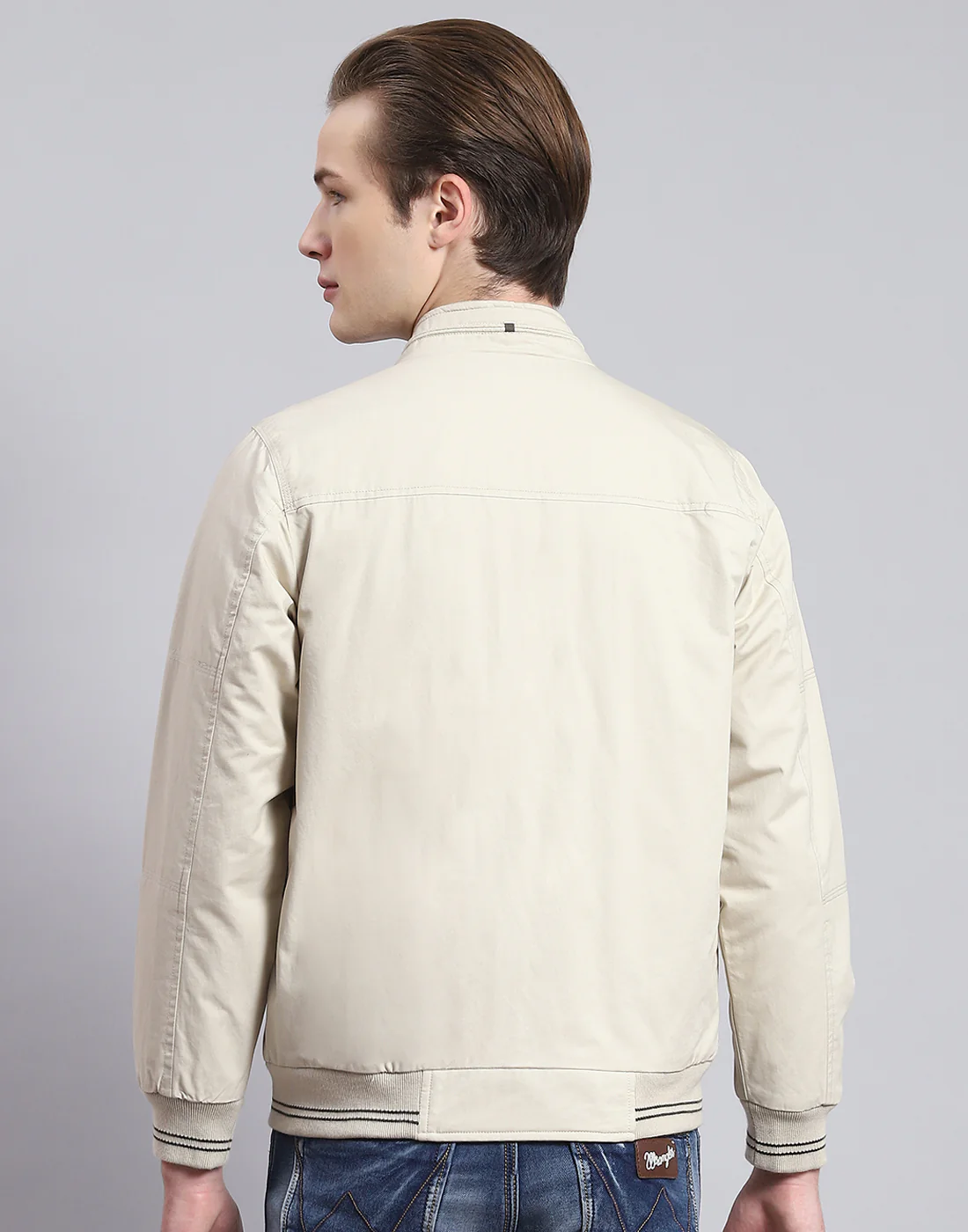Men Beige Solid Stand Collar Full Sleeve Jacket - Image 5