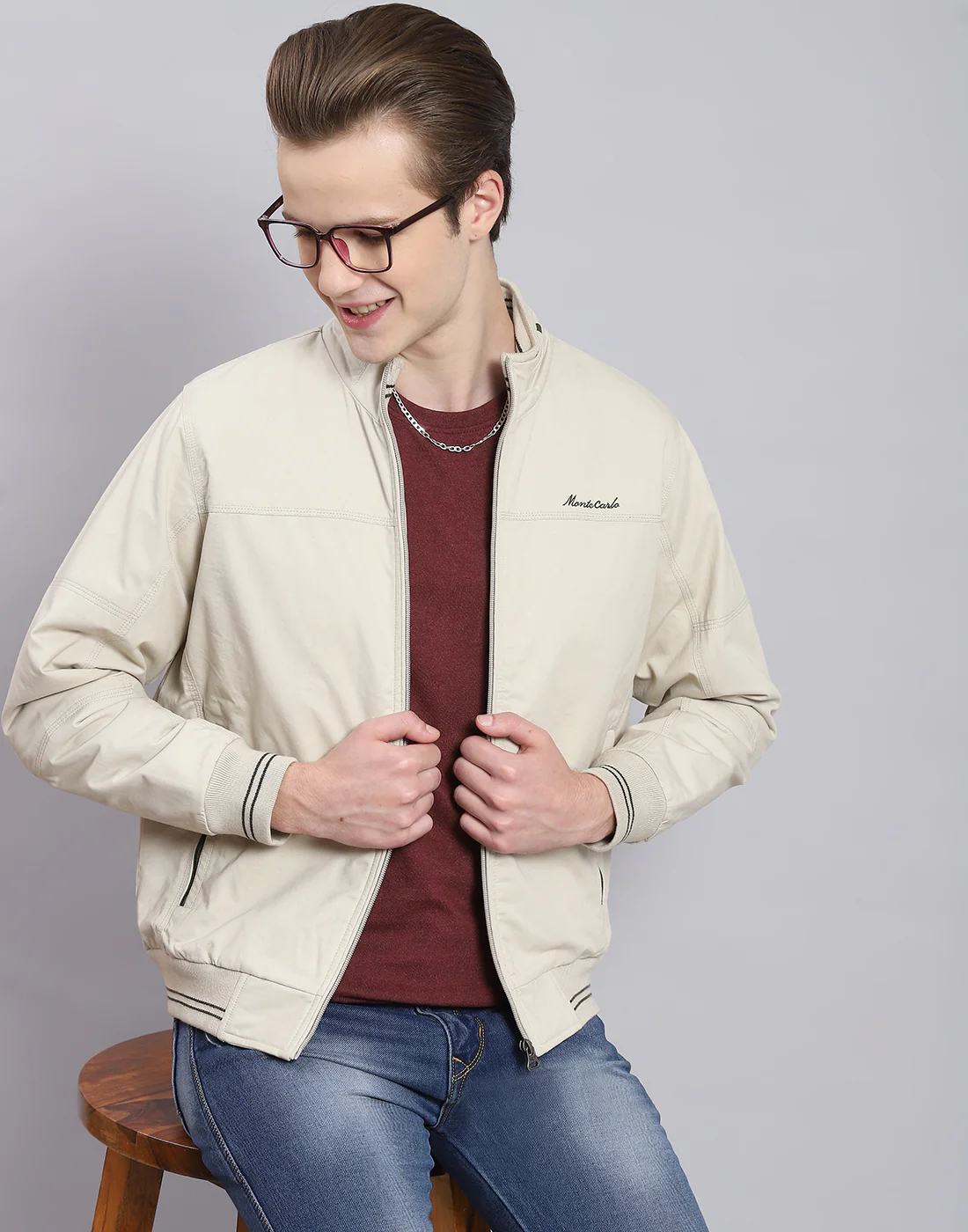 Men Beige Solid Stand Collar Full Sleeve Jacket - Image 6