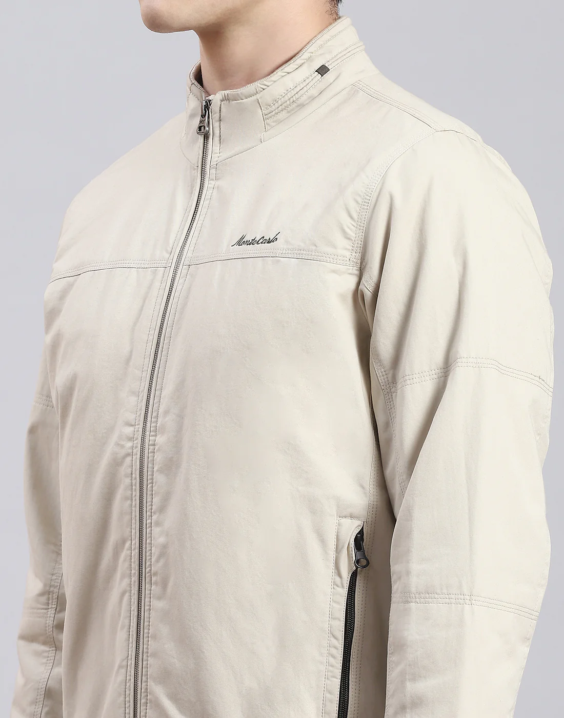 Men Beige Solid Stand Collar Full Sleeve Jacket - Image 7